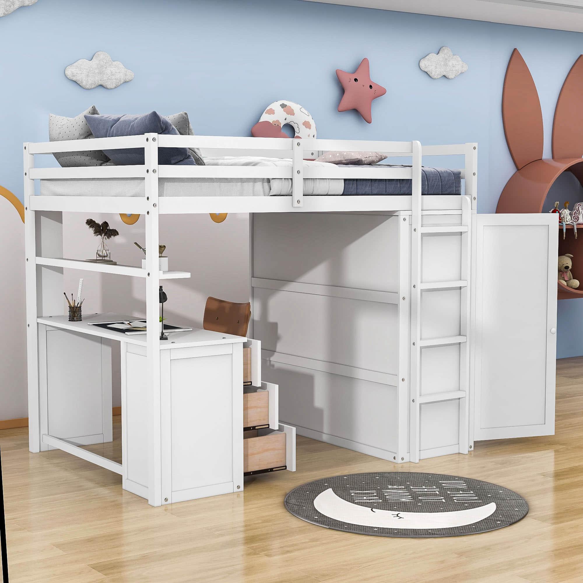 Full Size Loft Bed with Desk and Storage for Kids, Adults - [Wardrobe]