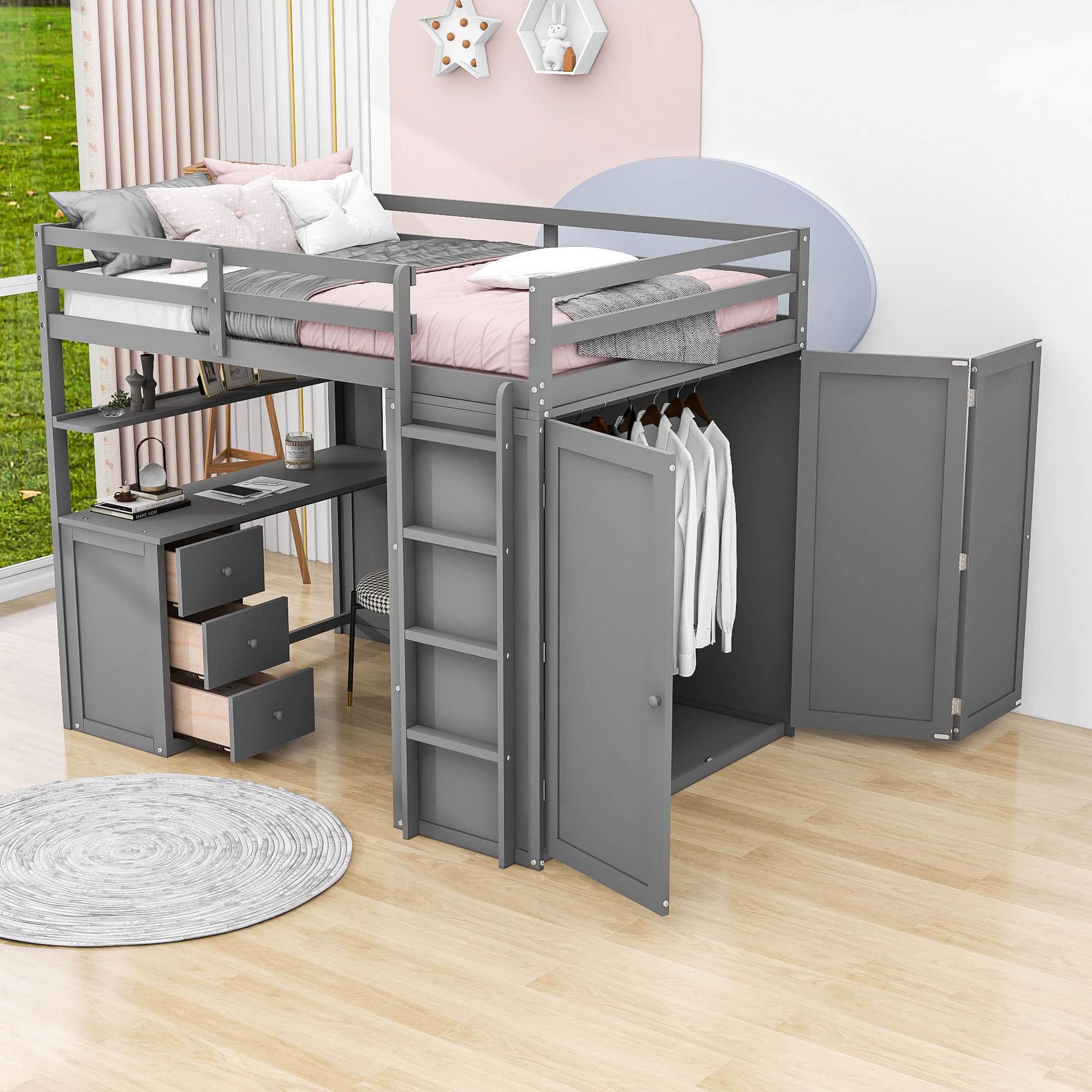 Full Size Loft Bed with Desk and Storage for Kids, Adults - [Wardrobe]