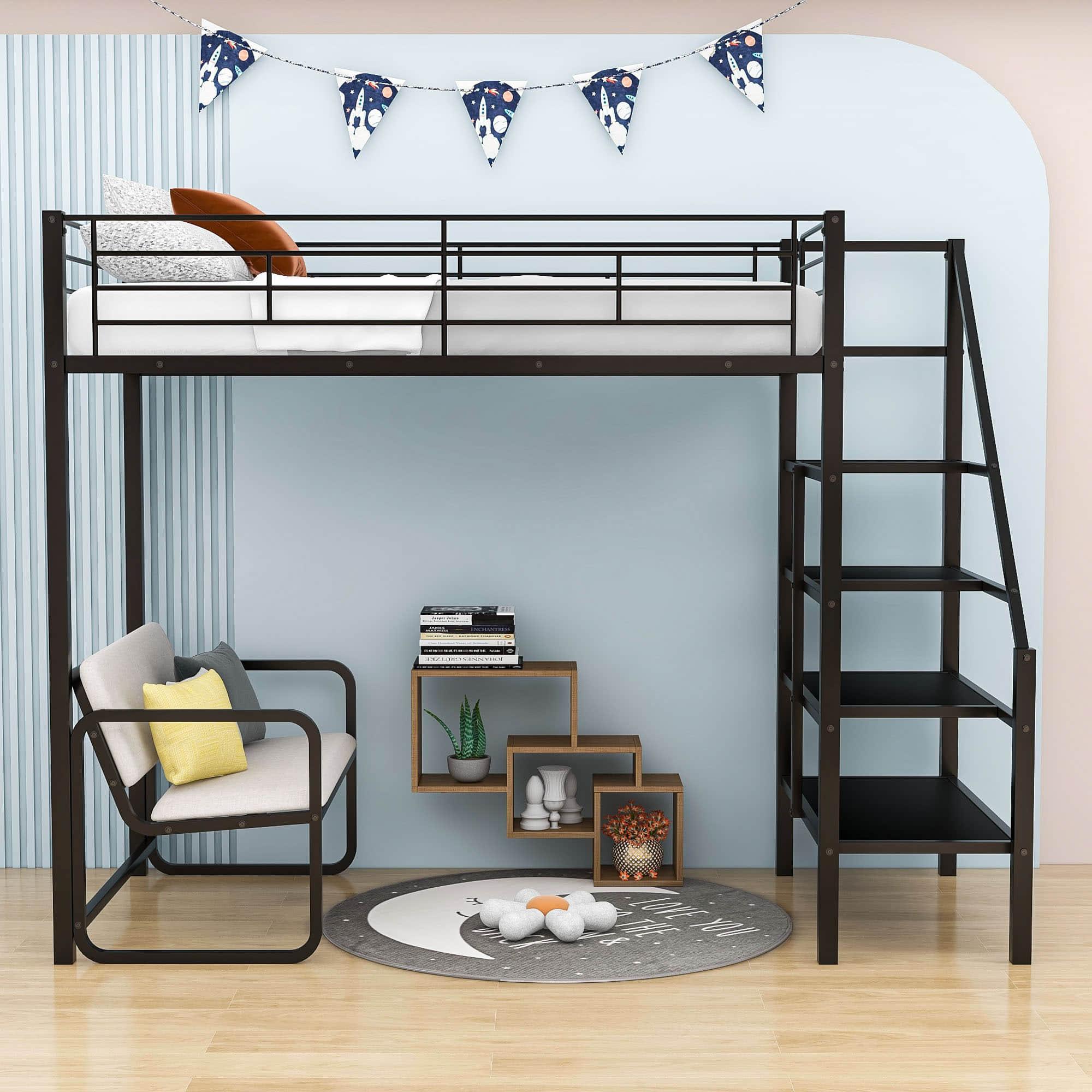 Metal Twin Loft Bed with Stairs and Couch, Storage Shelves for Kids, Adult