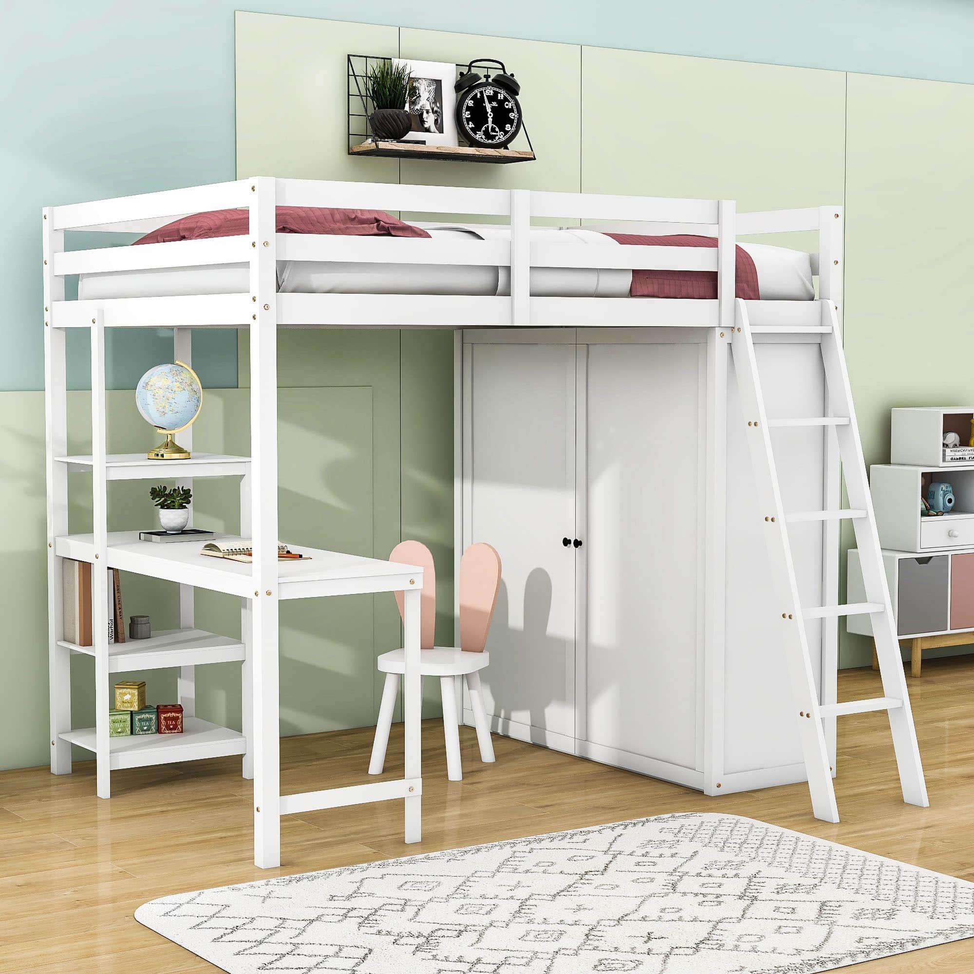 Full Size Loft Bed with Desk and Storage for Adults, Kids - [Wardrobe]