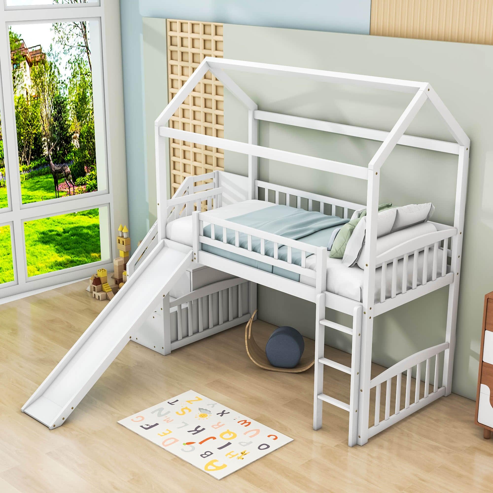 Kids Twin Playhouse Loft Bed with Storage Stairs and Slide - [Wood, Low]