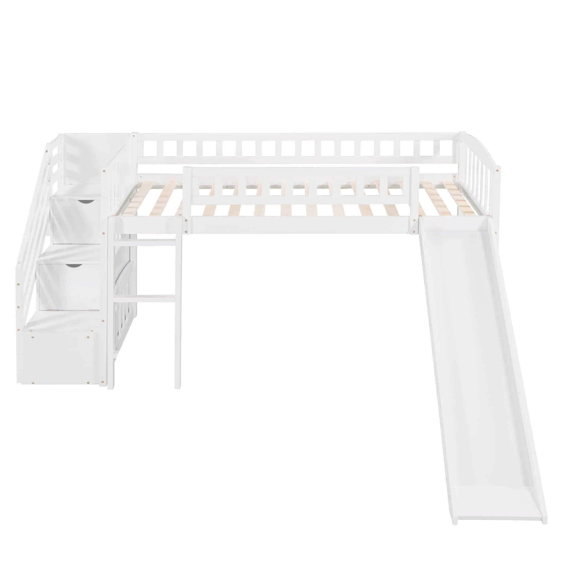 Low Twin Loft Bed with Storage Stairs and Slide - [Wood, Interchangeable]