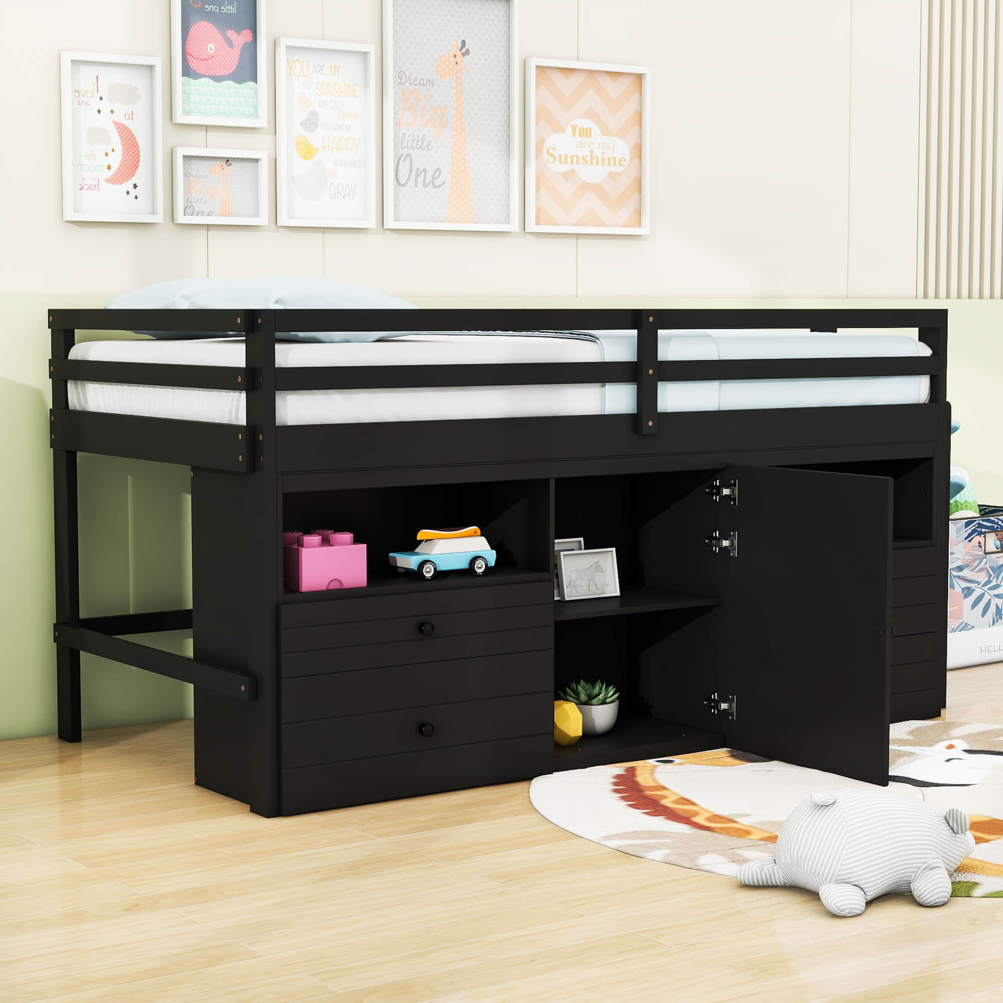 Low Twin Loft Bed Frame with Storage for Kids - [Drawers, Cabinet, Shelves]