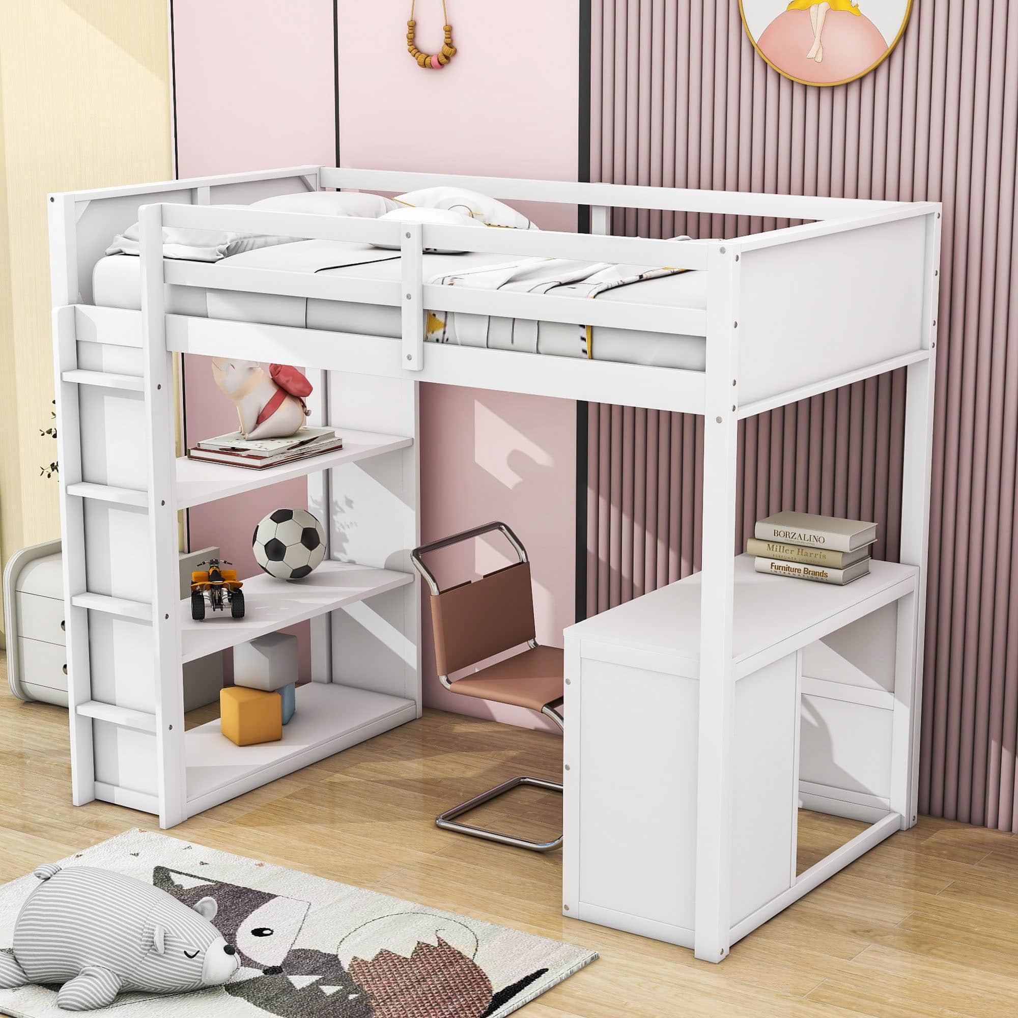 Twin Size Loft Bed with Desk and Storage Drawers, Shelves for Adults, Kids - [Wood]