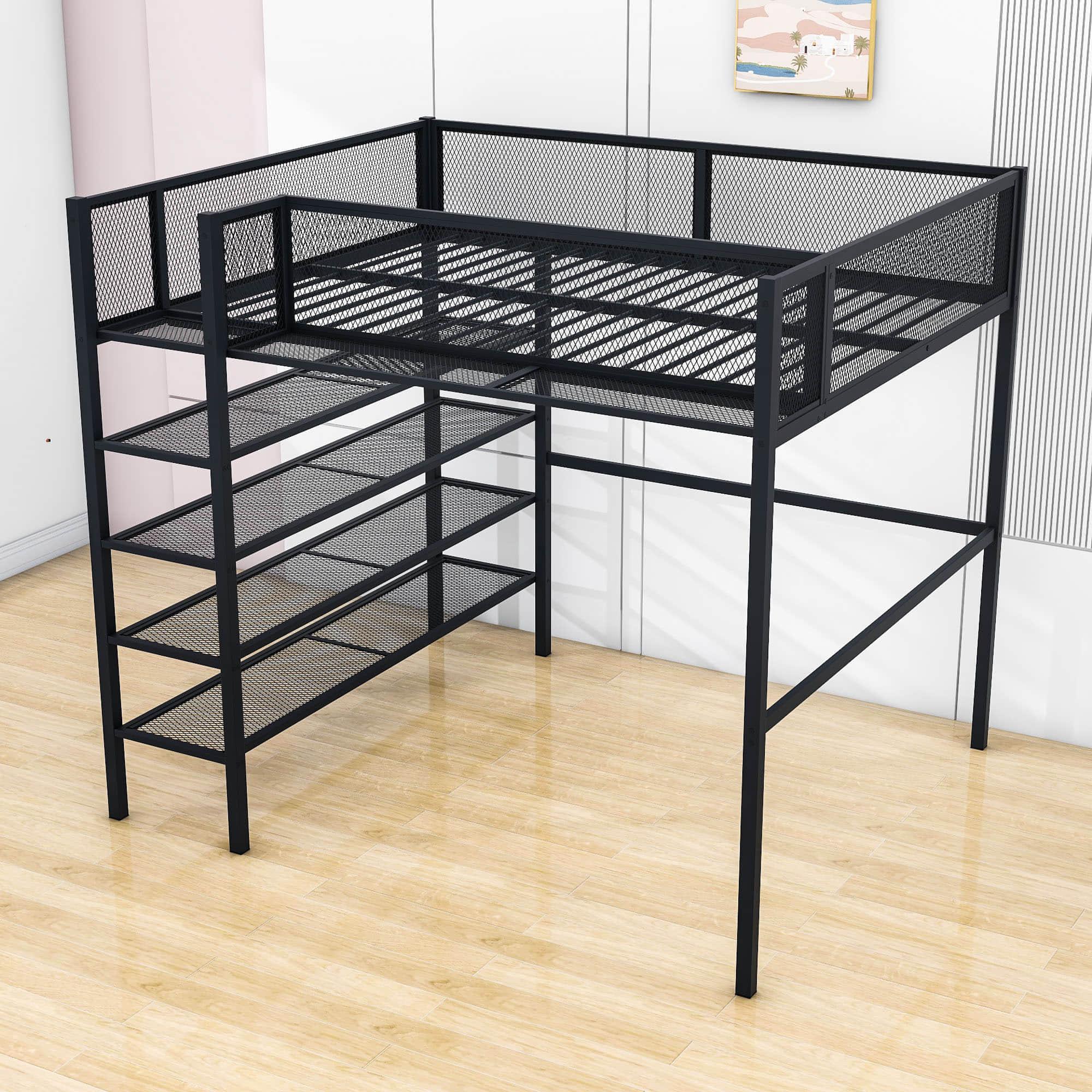 Modern Metal Full Size Loft Bed with Storage Shelves for Adult, Junior