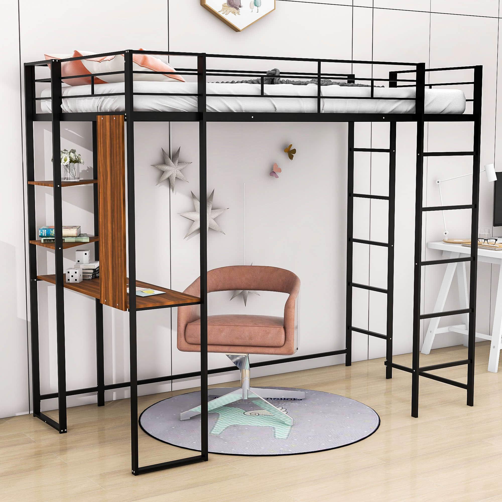 Metal Twin Loft Bed with Desk and Storage Shelves for Teens, Junior, Adult