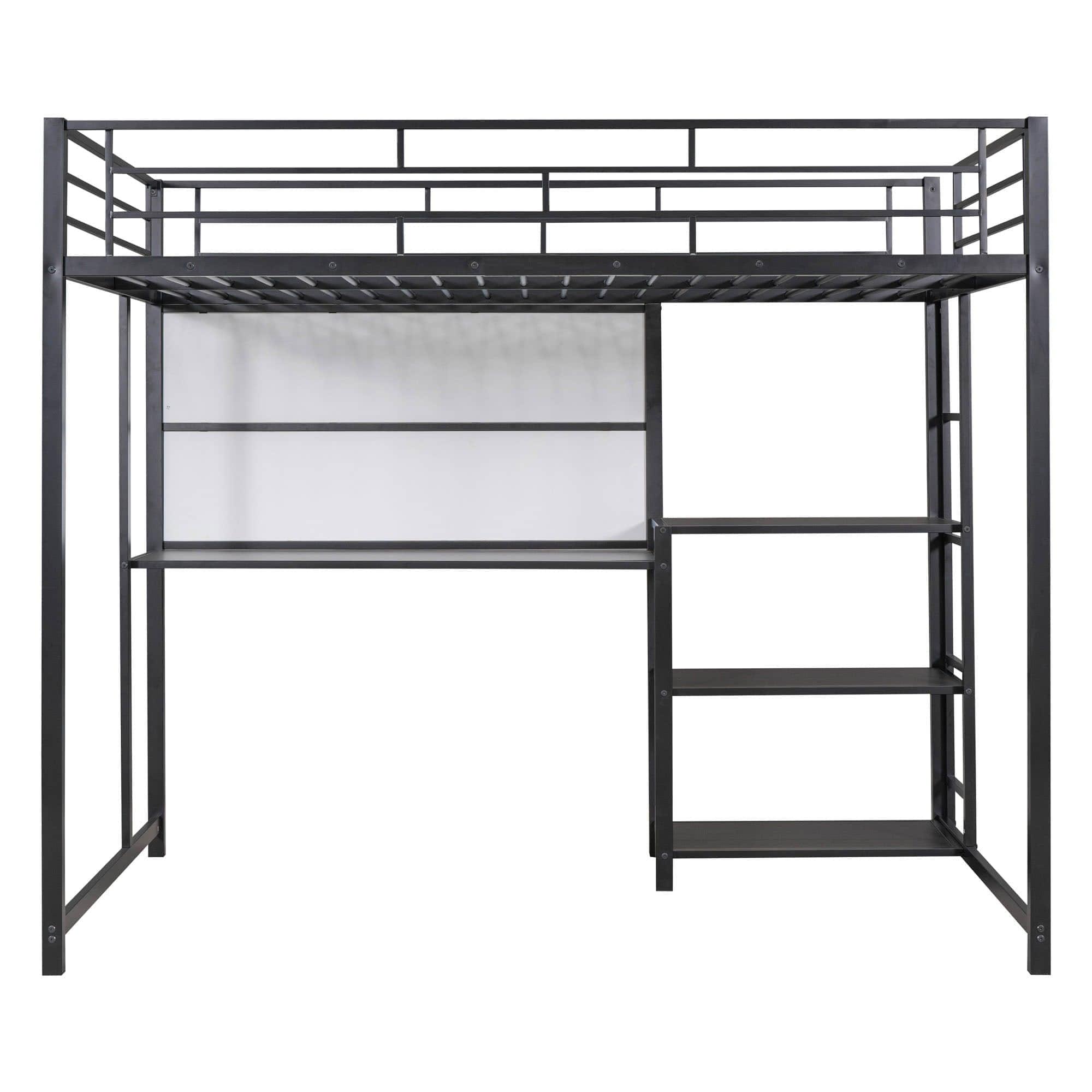 Full Size Metal Loft Bed with Desk and Storage Shelves for Adults, Kids