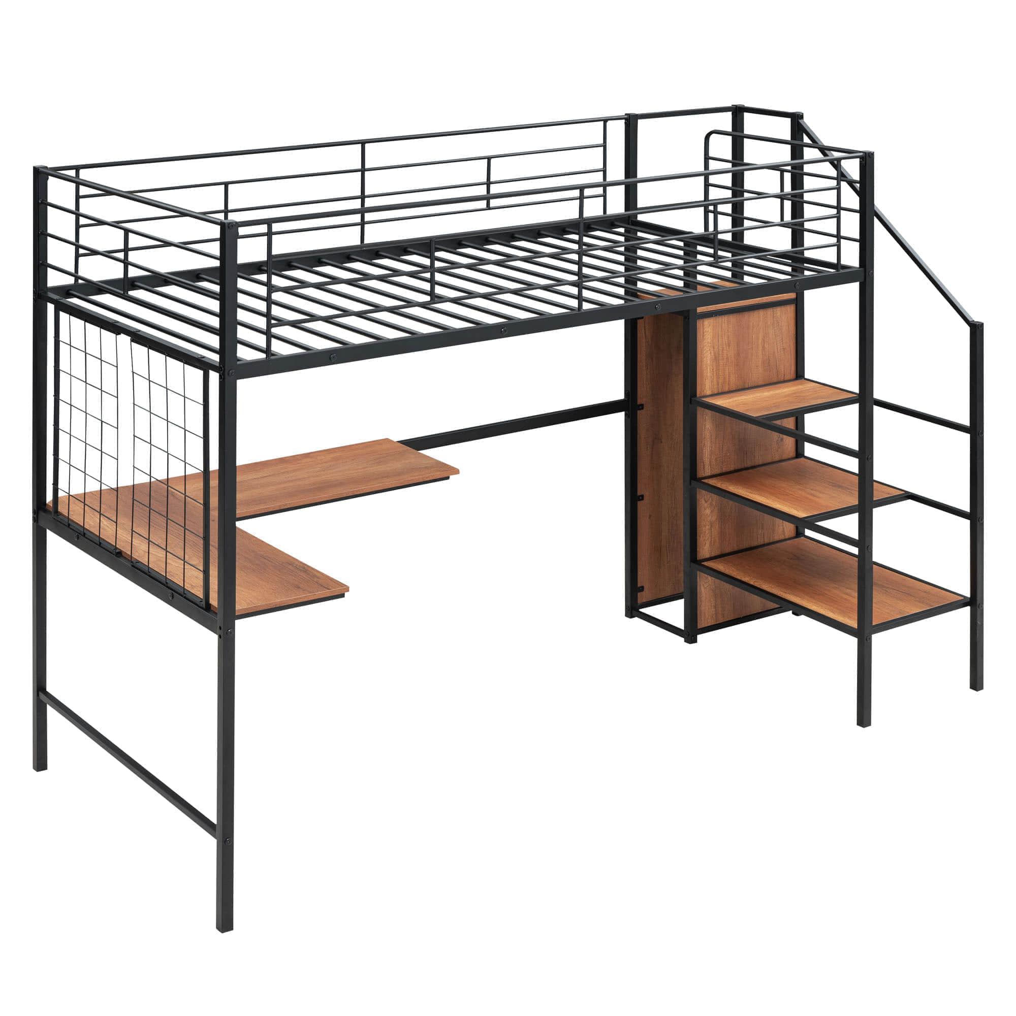 Twin Size Metal Loft Bed with Desk and Stairs, Storage Wardrobe