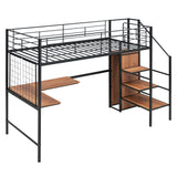 Twin Size Metal Loft Bed with Desk and Stairs, Storage Wardrobe