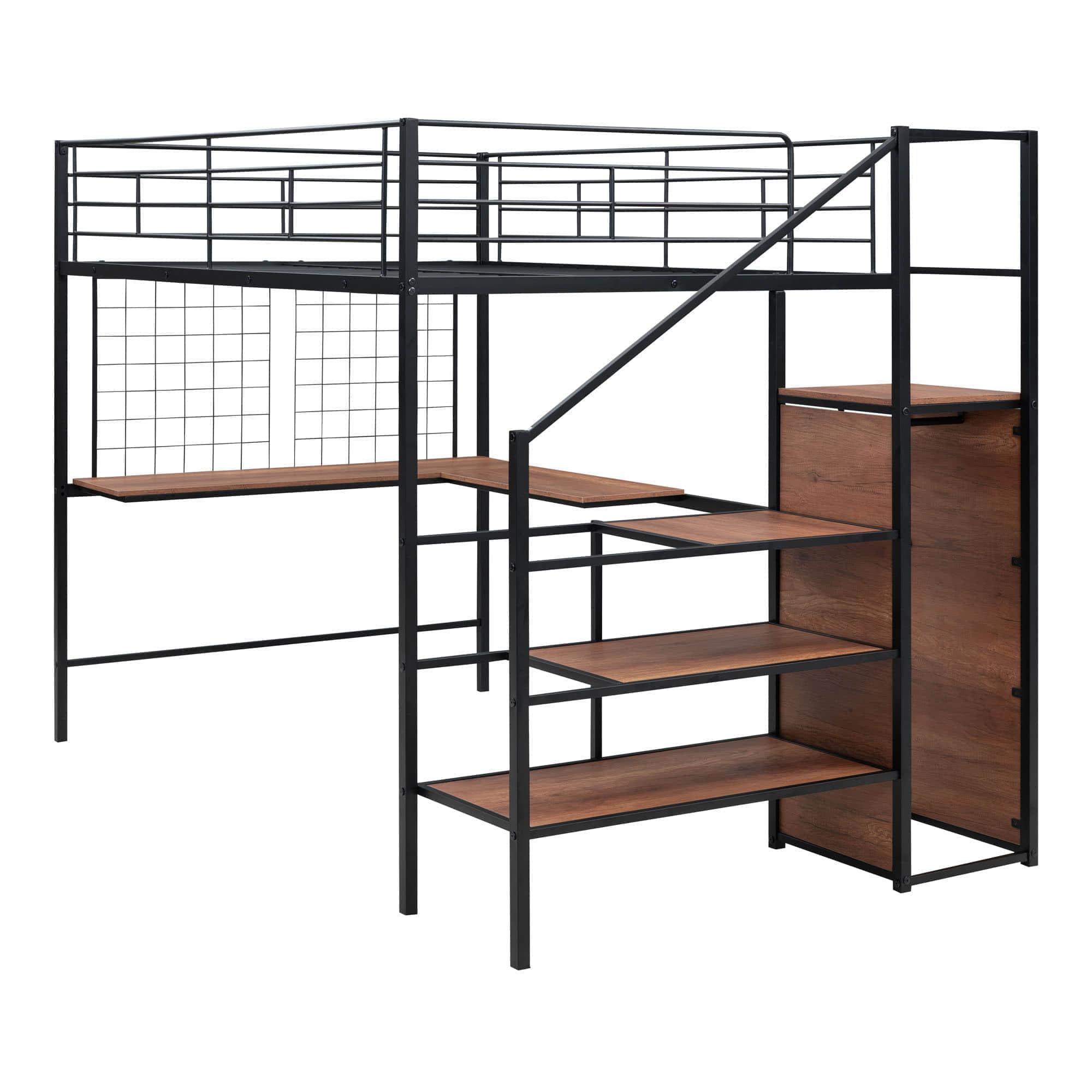 Full Size Metal Loft Bed with Desk and Stairs, Storage Wardrobe