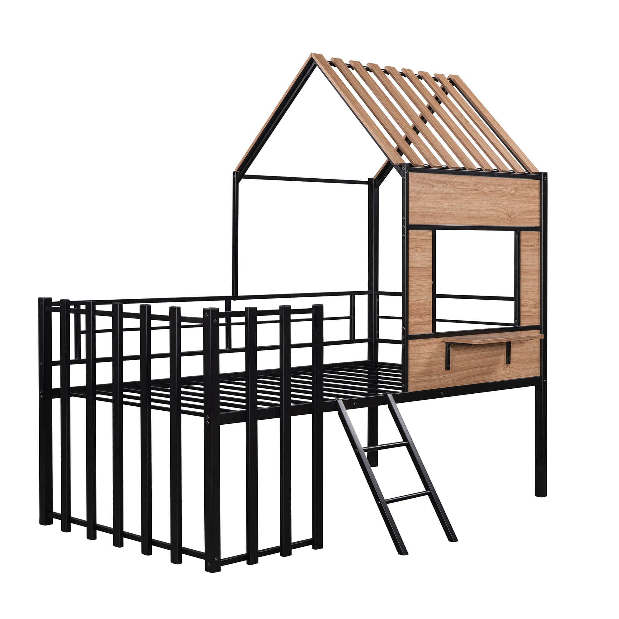 Kids Metal Low Twin Tree House Loft Bed with Window, Roof