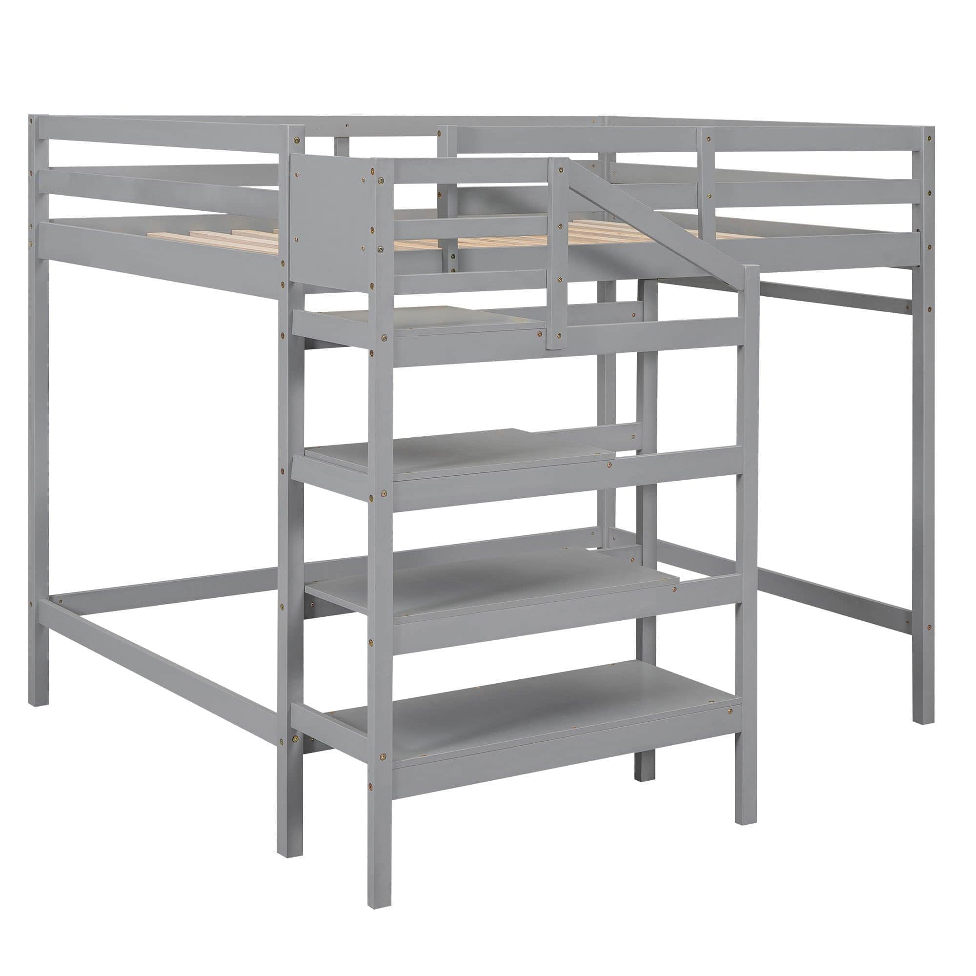 Full Size Loft Bed with Stairs and Clothes Hanger for Adults, Teens