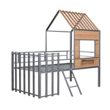 Kids Metal Low Twin Tree House Loft Bed with Window, Roof