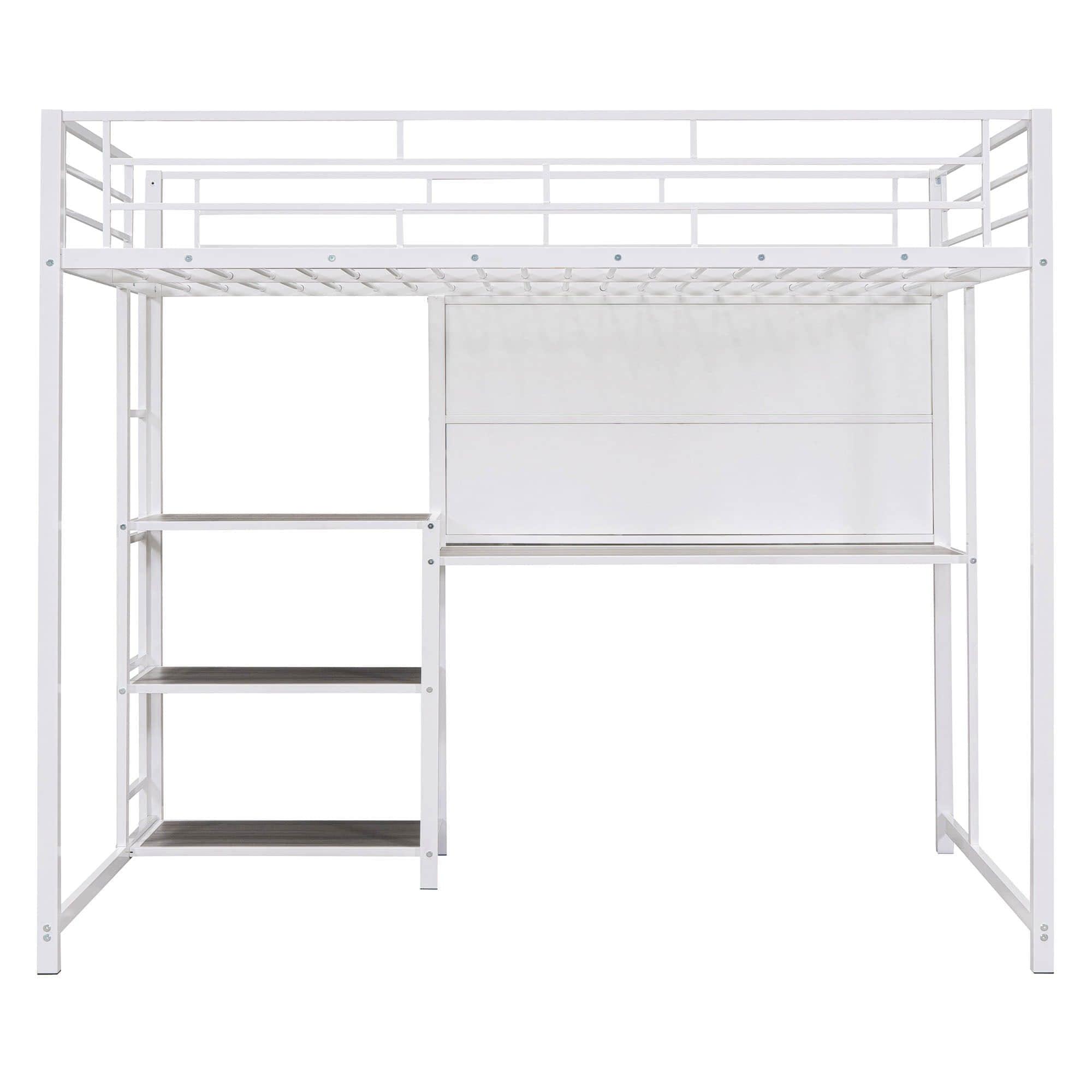 Full Size Metal Loft Bed with Desk and Storage Shelves for Adults, Kids