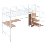 Twin Size Metal Loft Bed with Desk and Stairs, Storage Wardrobe