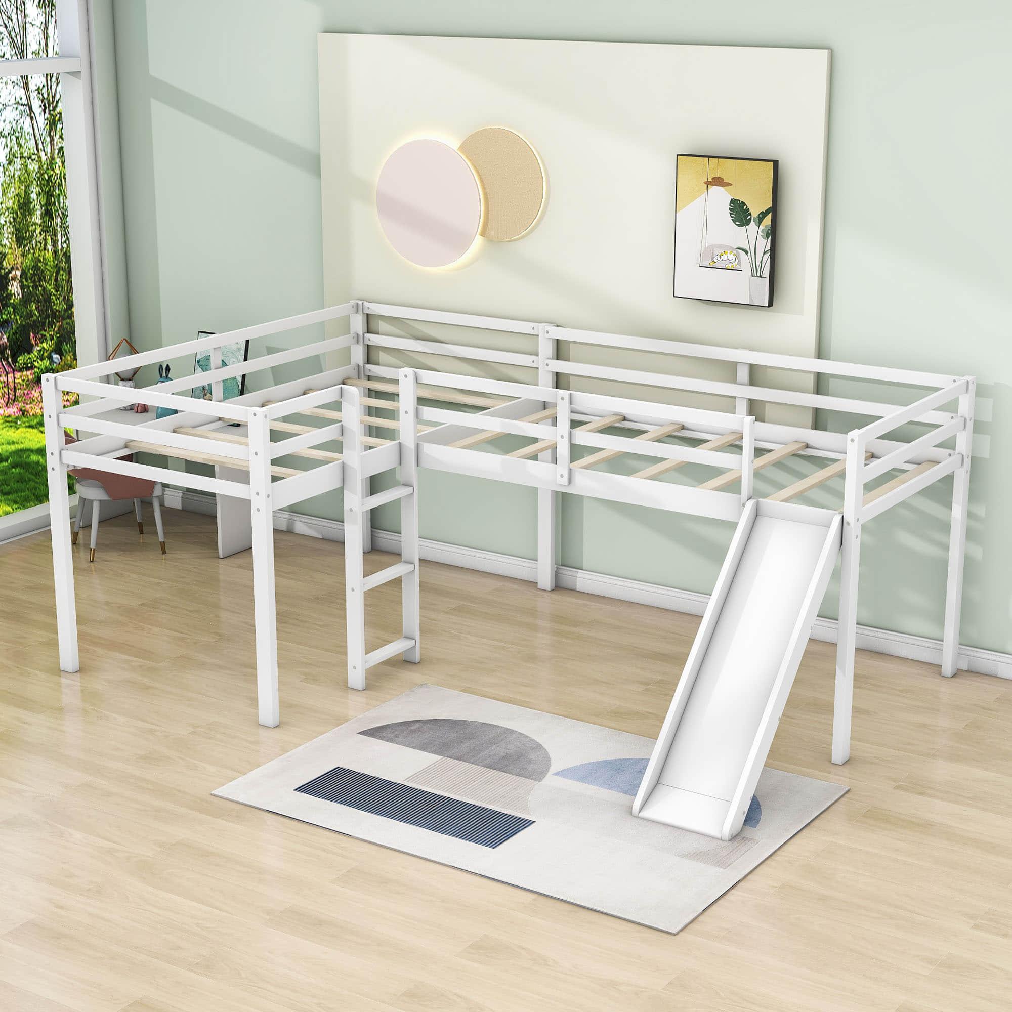 L-Shaped Low Double Twin Loft Bed with Slide for Kids - [Wood]