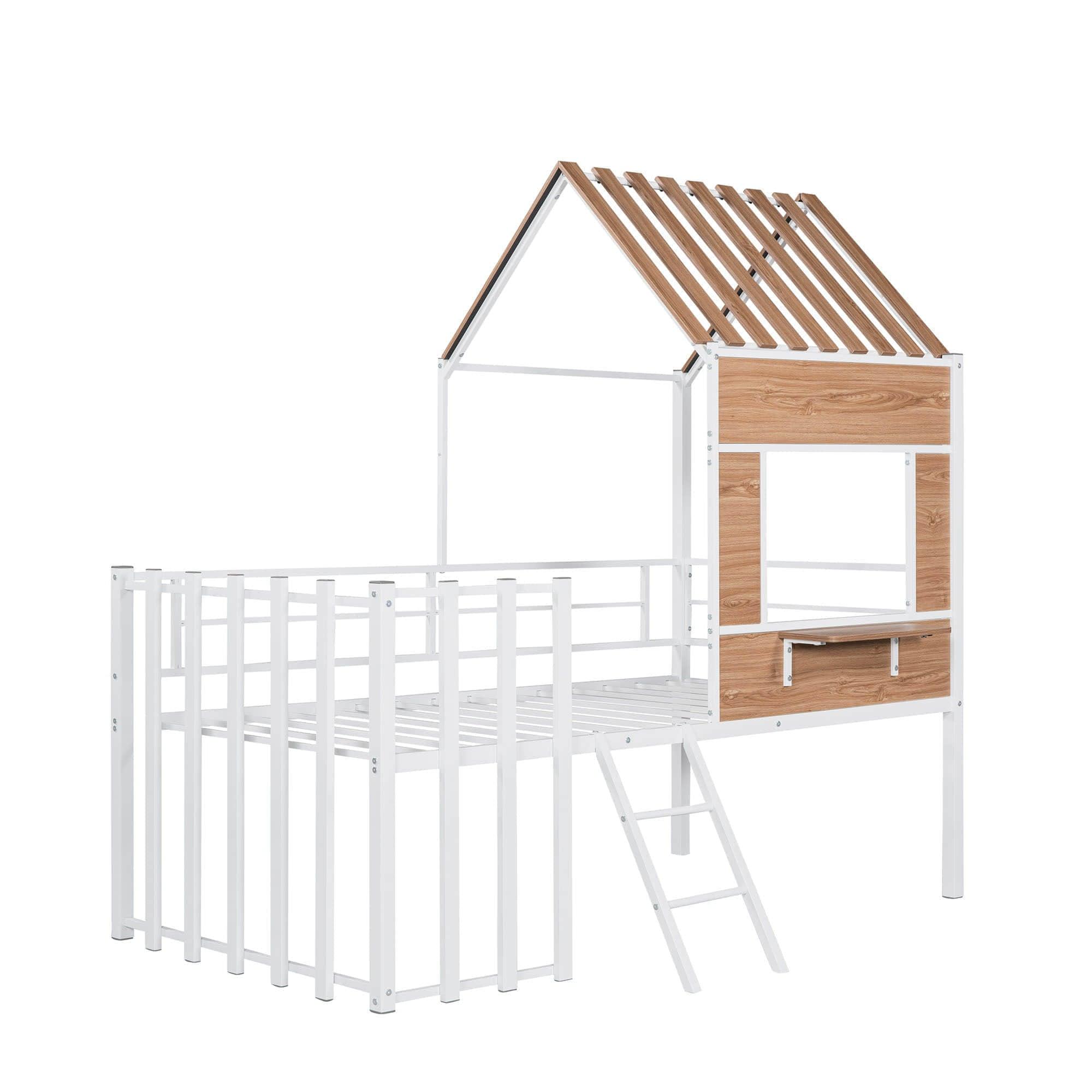 Kids Metal Low Twin Tree House Loft Bed with Window, Roof