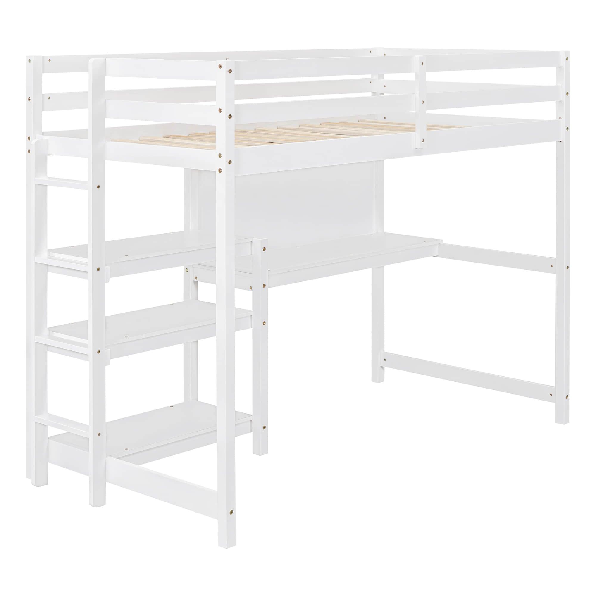 Wooden Twin Loft Bed with Desk and Storage Shelves for Adult, Kids, Junior