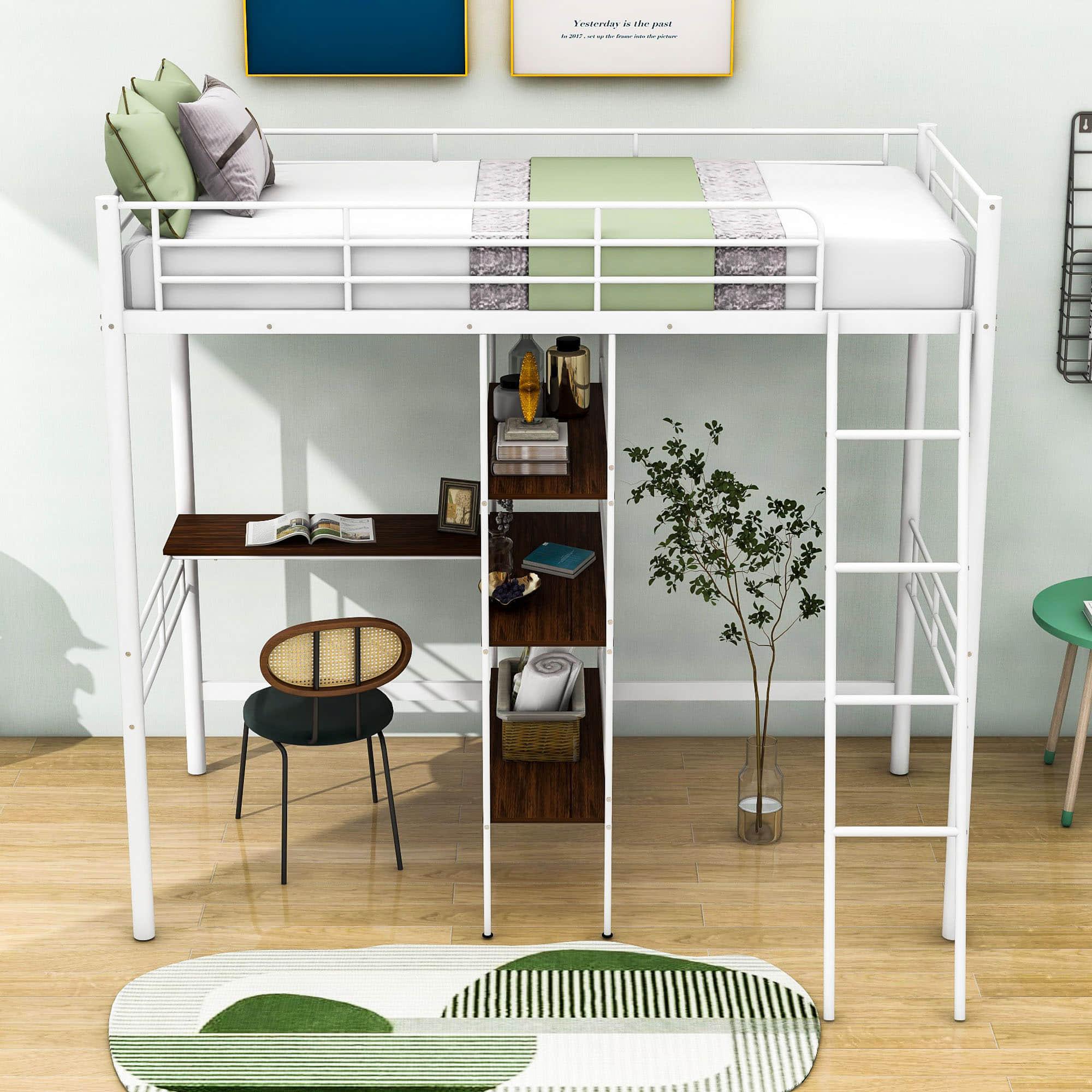 Metal Twin Loft Bed with Desk and Storage Shelves - [Wood]