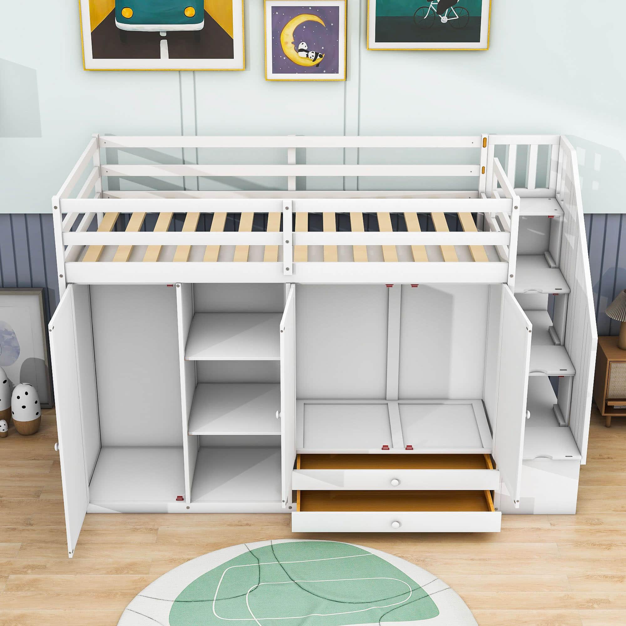 Medium Twin Loft Bed with Stairs and Storage - [Wood, Drawers, Wardrobe, Shelves]