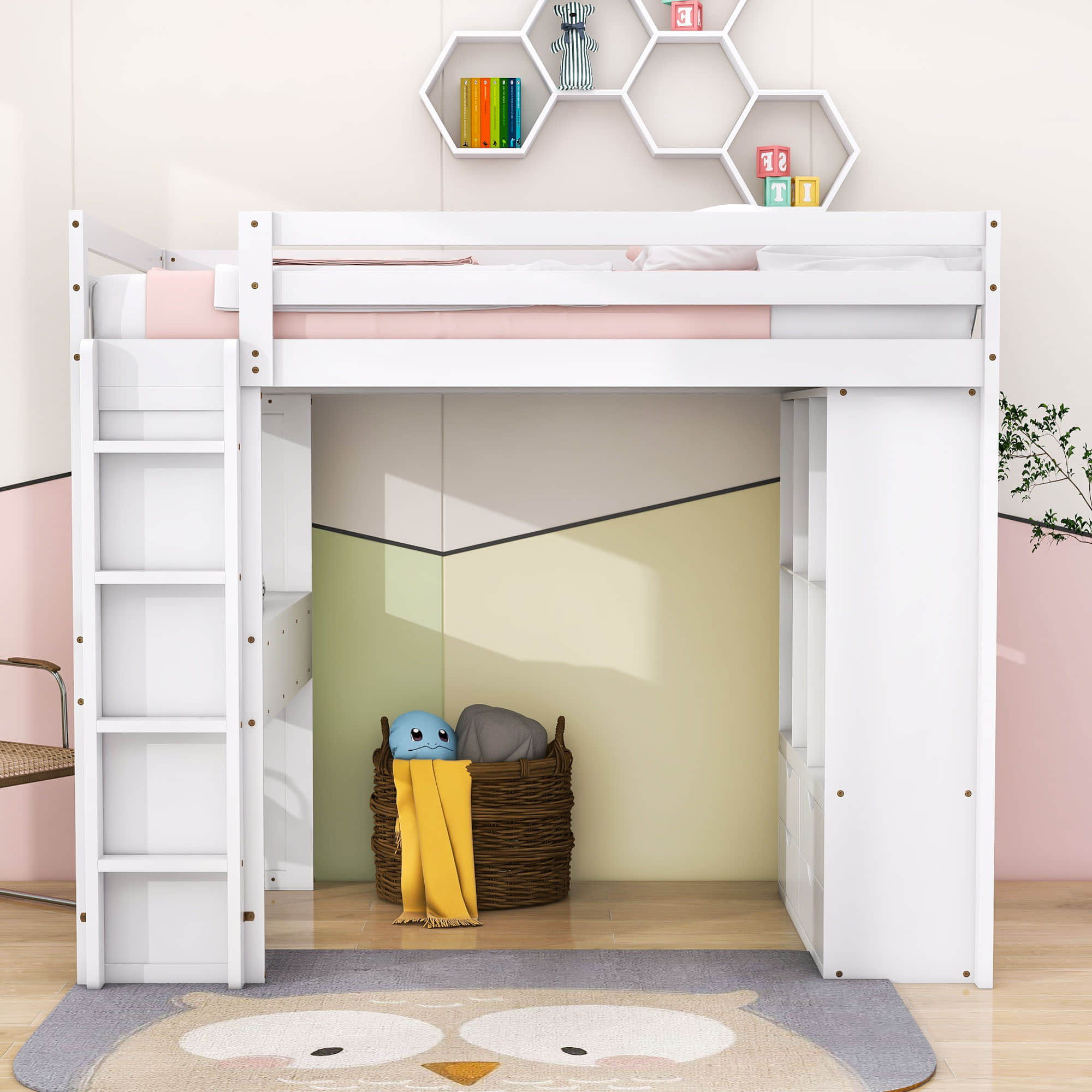 Modern Twin Loft Bed with Desk and Storage, LED Light for Adults, Teens