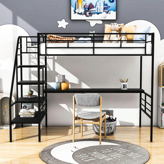 Metal High Twin Size Loft Bed Frame with Desk and Stairs for Adults, Kids