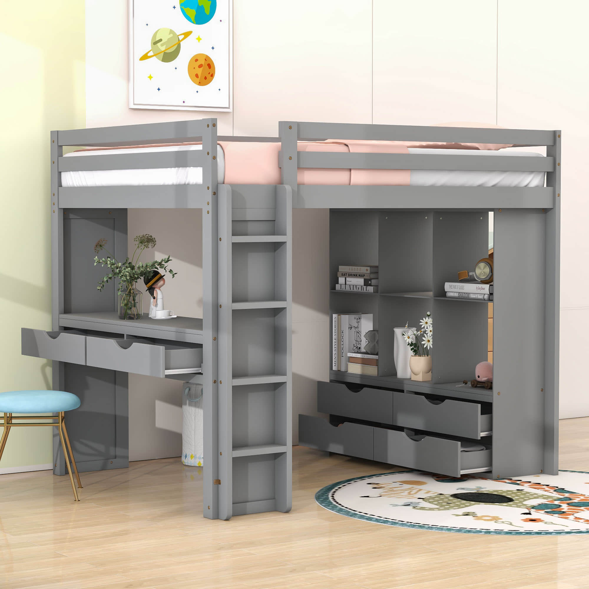 Modern Full Size Loft Bed with Desk and Storage for Adults, Teens