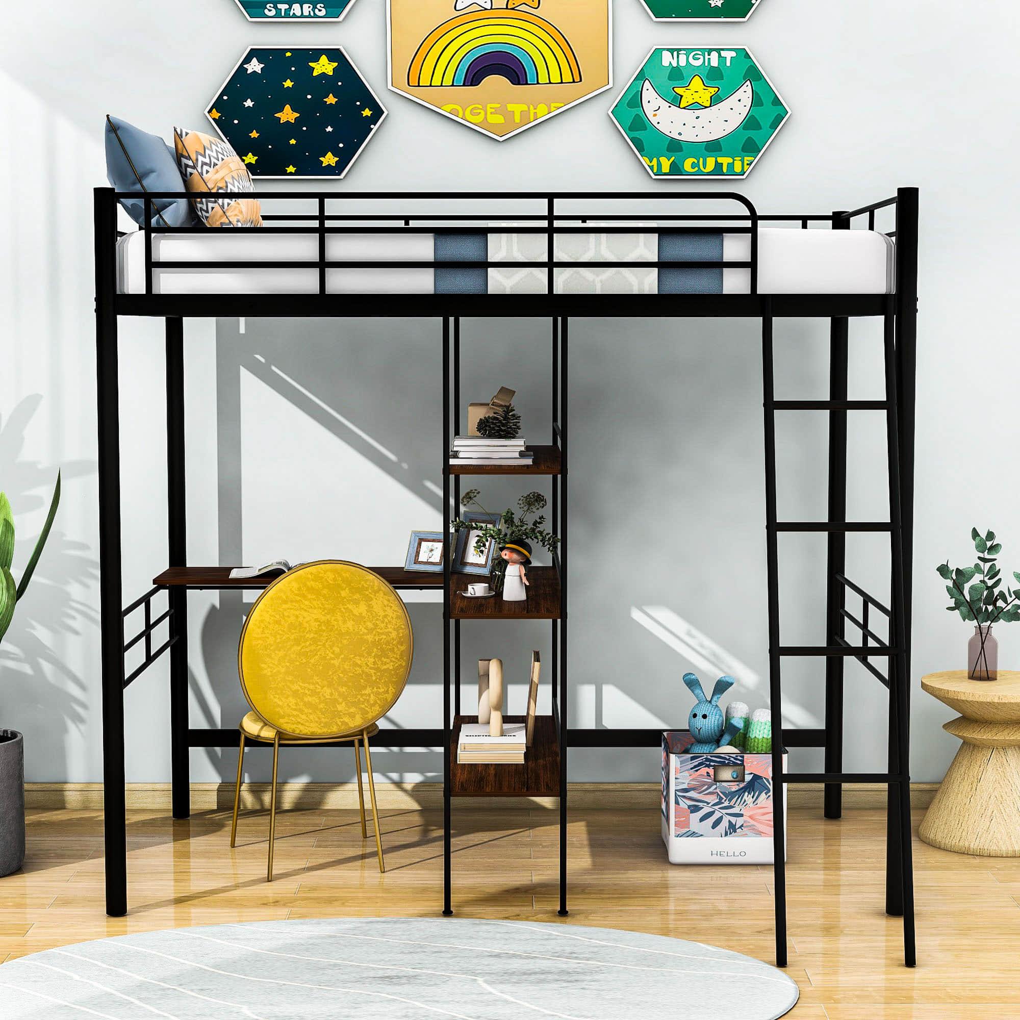 Metal Twin Loft Bed with Desk and Storage Shelves - [Wood]