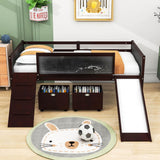 Low Kids Twin Loft Bed with Slide and Storage Boxes, Blackboard