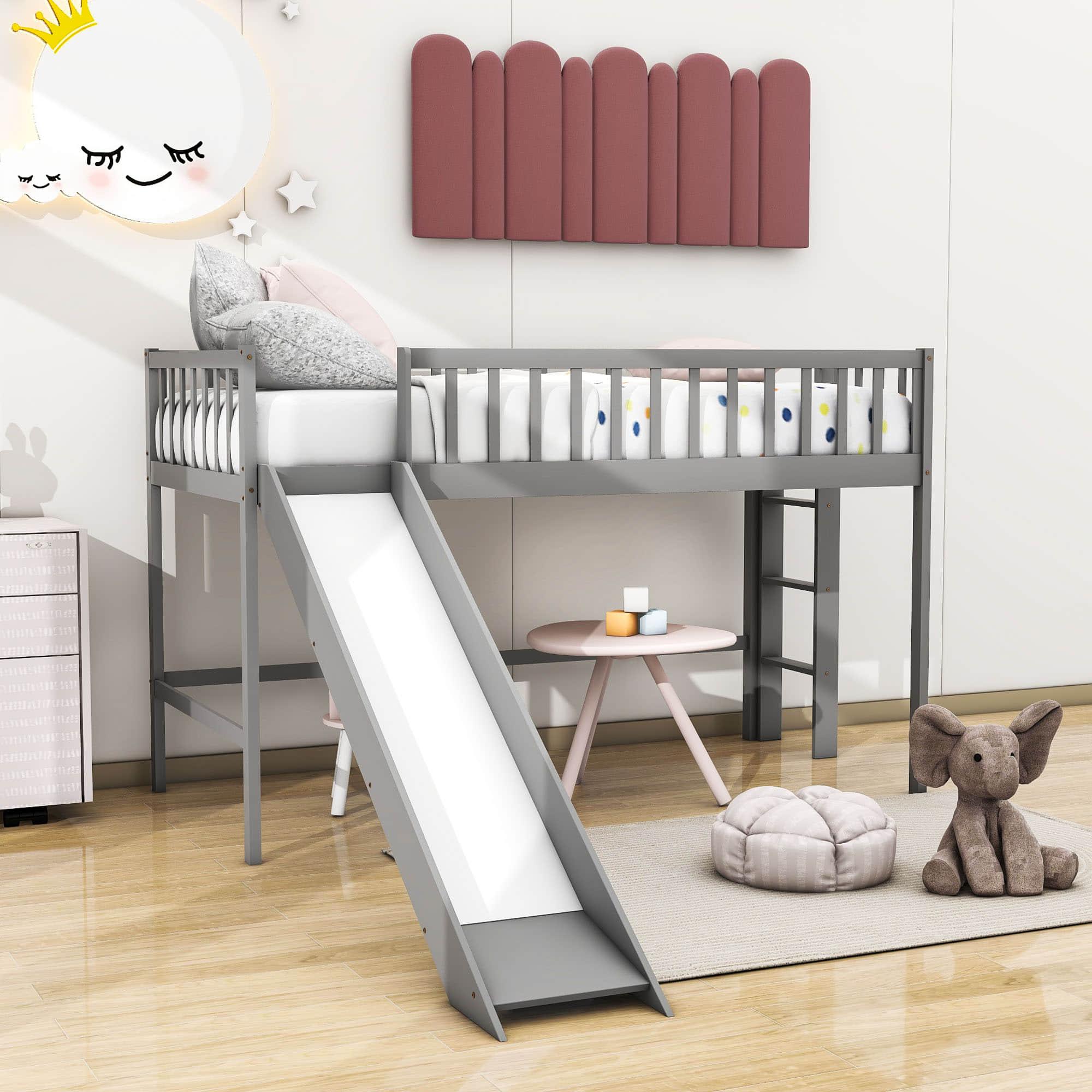 Small Twin Kids Loft Bed with Slide and Ladder - [Wood]