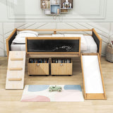 Low Kids Twin Loft Bed with Slide and Storage Boxes, Blackboard