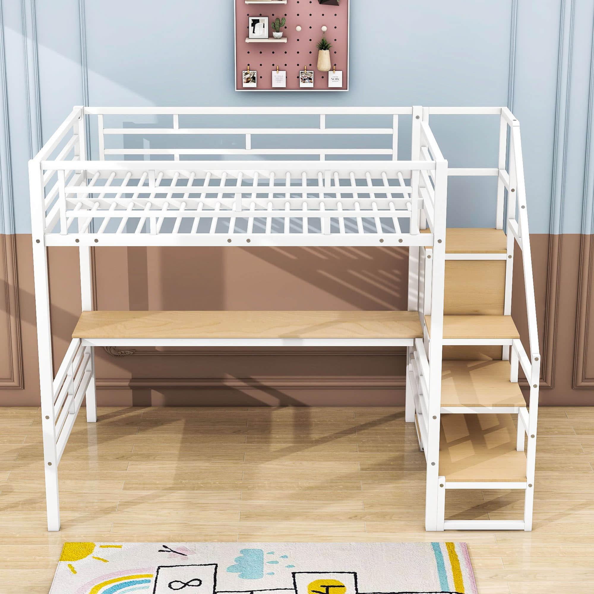 Full Size Loft Bed with Desk and Storage Stairs for Kids, Adult - [Wardrobe, Convertible]