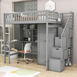 Twin Loft Bed with Desk and Storage Stairs - [Wood, Cabinet, Wardrobe, Shelves]