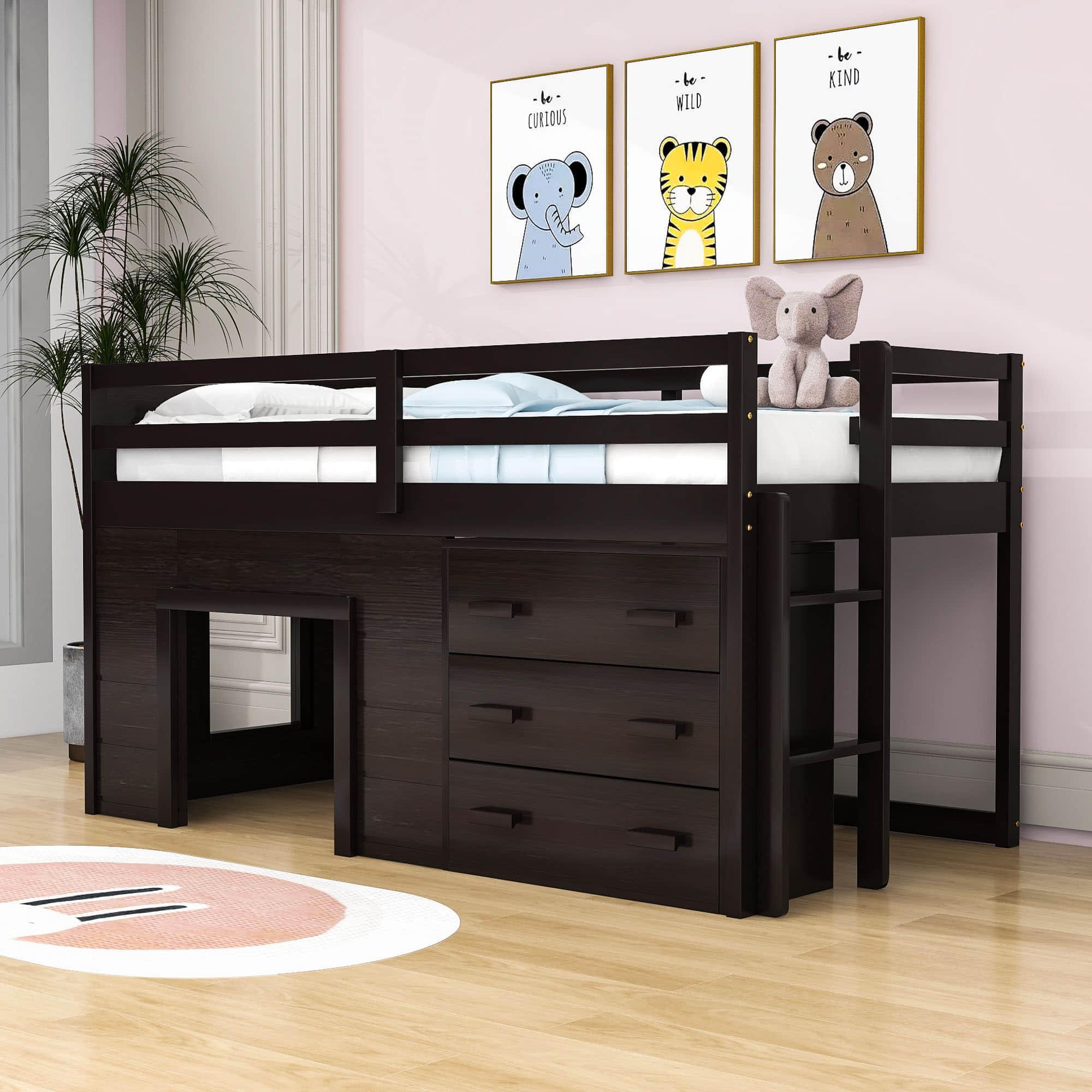 Low Twin Loft Bed with Detachable Storage Dresser for Kids - [Wood, Playhouse, Drawers]