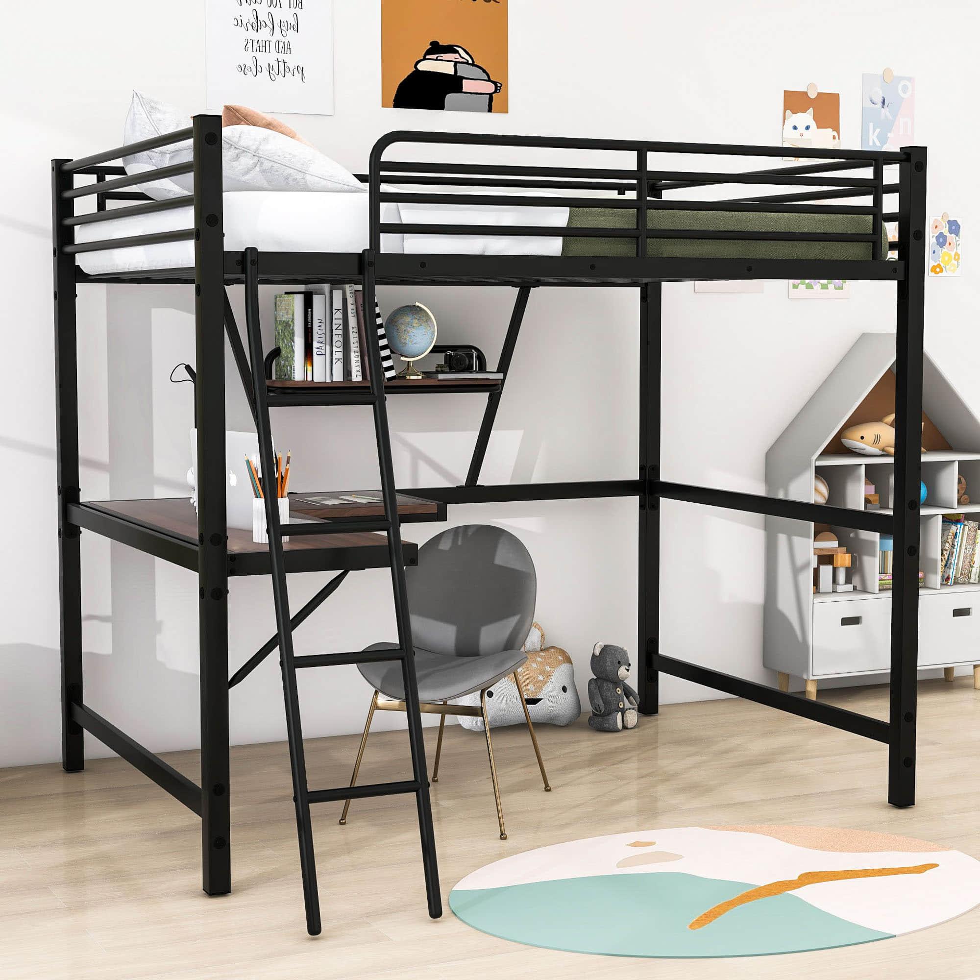 Metal Full Size Loft Bed with Desk and Storage Shelf for Adult, Jr - [Wood]