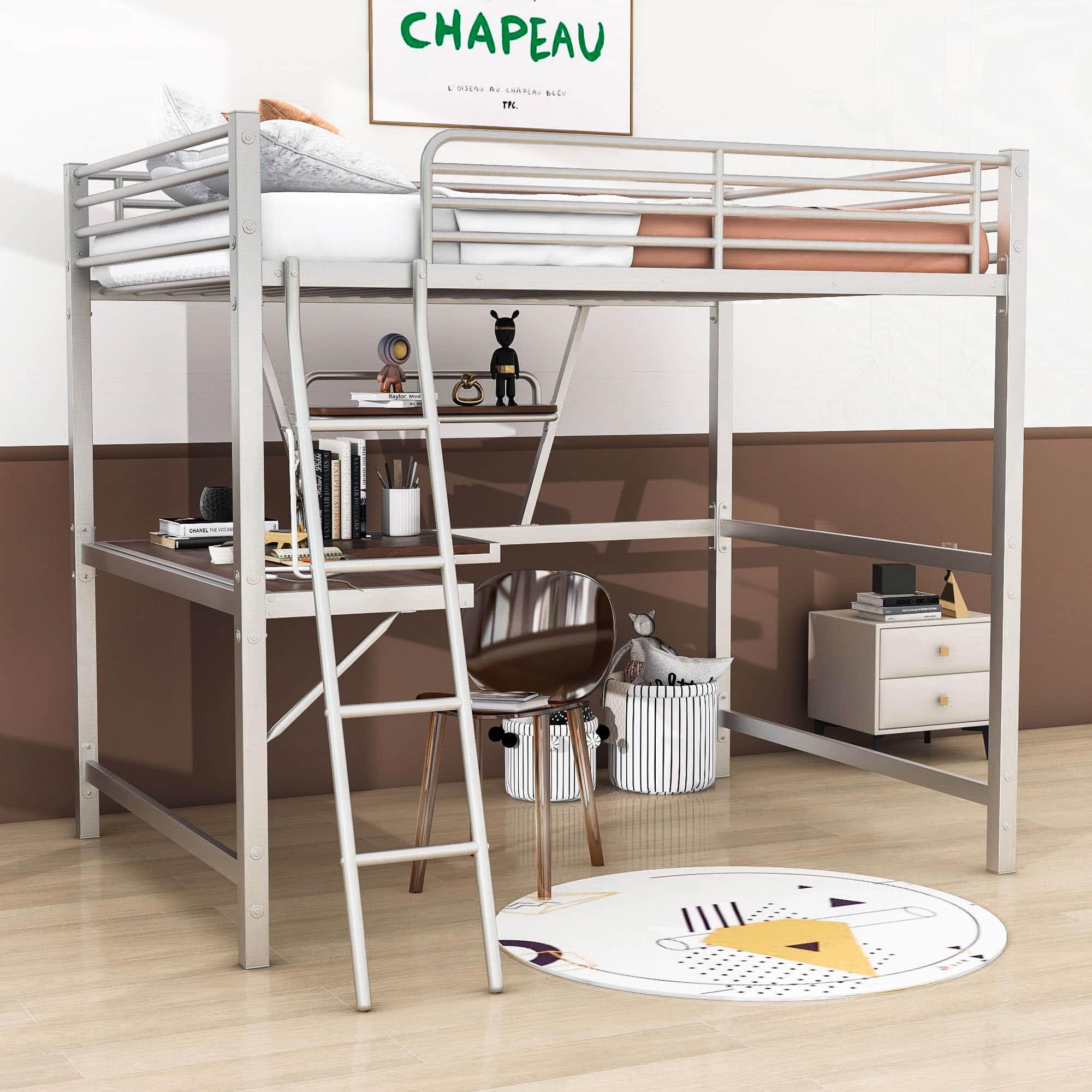 Metal Full Size Loft Bed with Desk and Storage Shelf for Adult, Jr - [Wood]