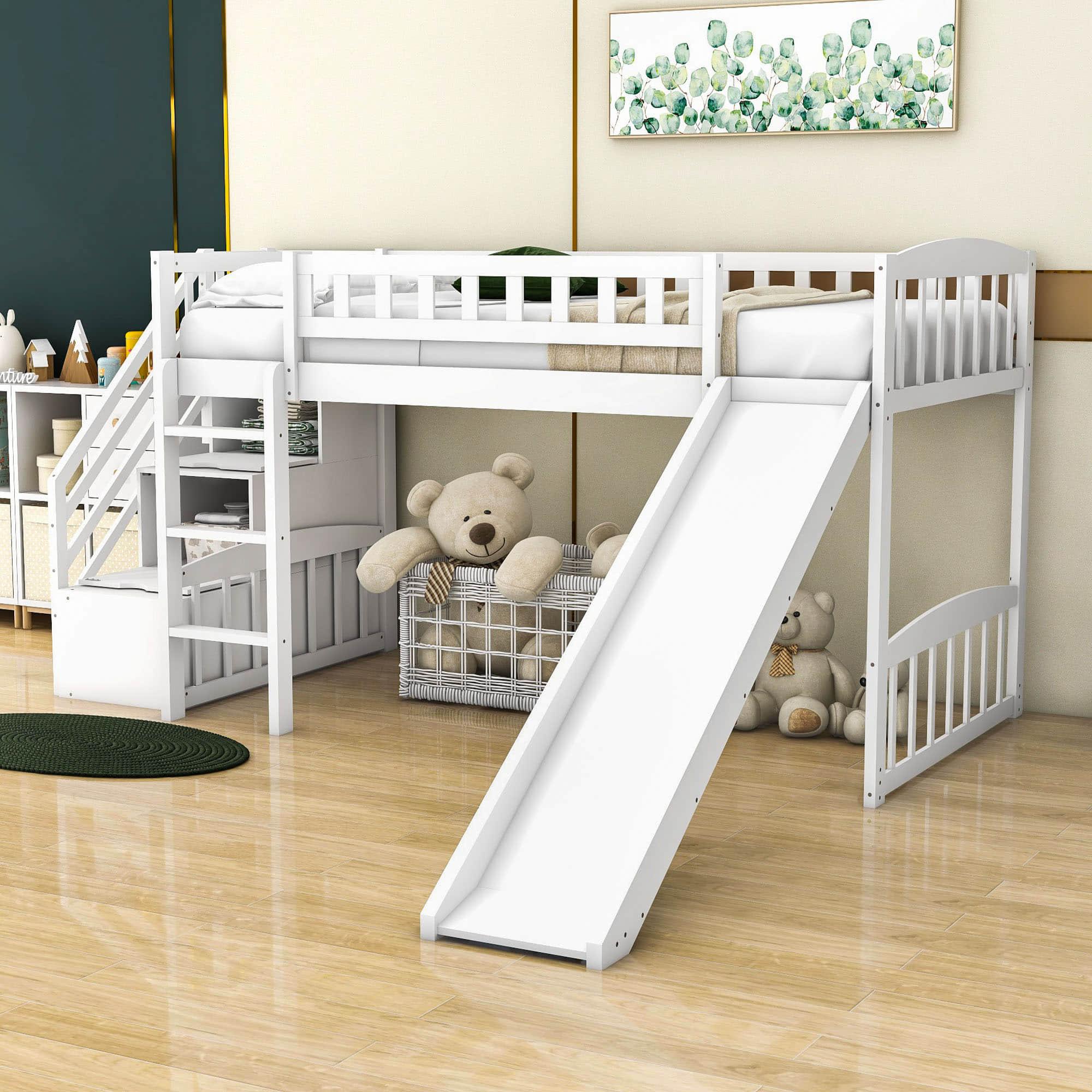 Low Twin Loft Bed with Storage Stairs and Slide - [Wood, Interchangeable]