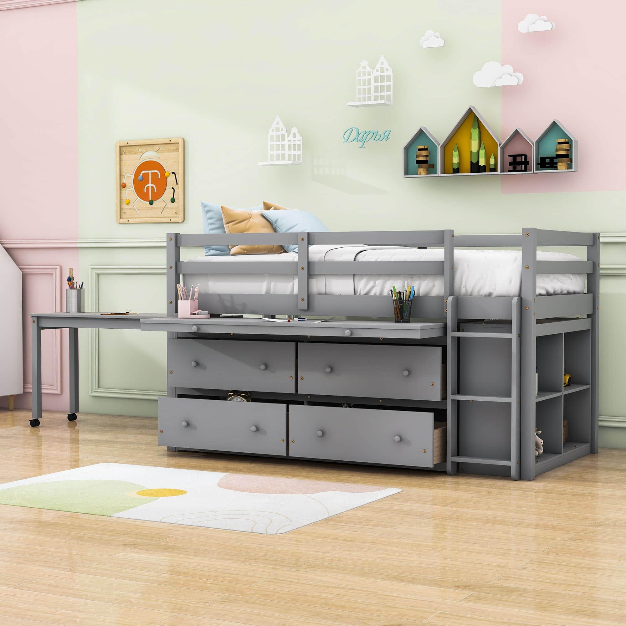 Low Twin Loft Bed with Desk and Storage Drawers for Kids, Toddler