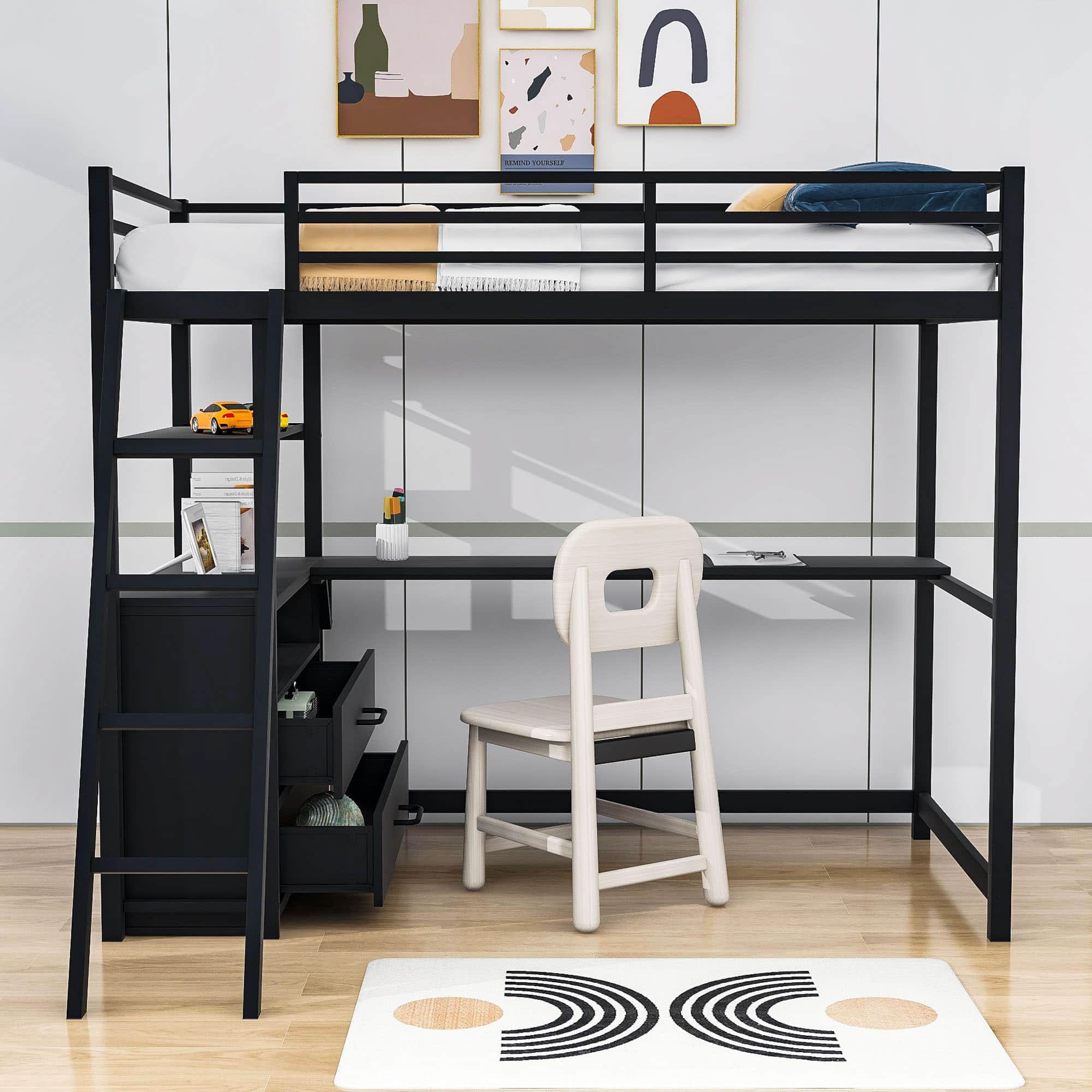 Metal Twin Size Loft Bed with Desk and Storage for College, Dorms