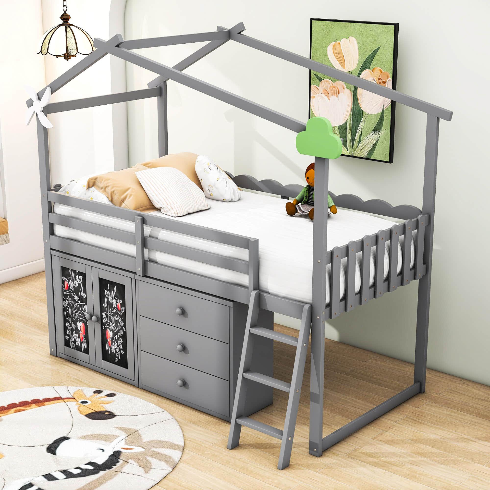 Twin Size Low House Loft Bed with Storage for Kids - [Cabinet, Drawers]