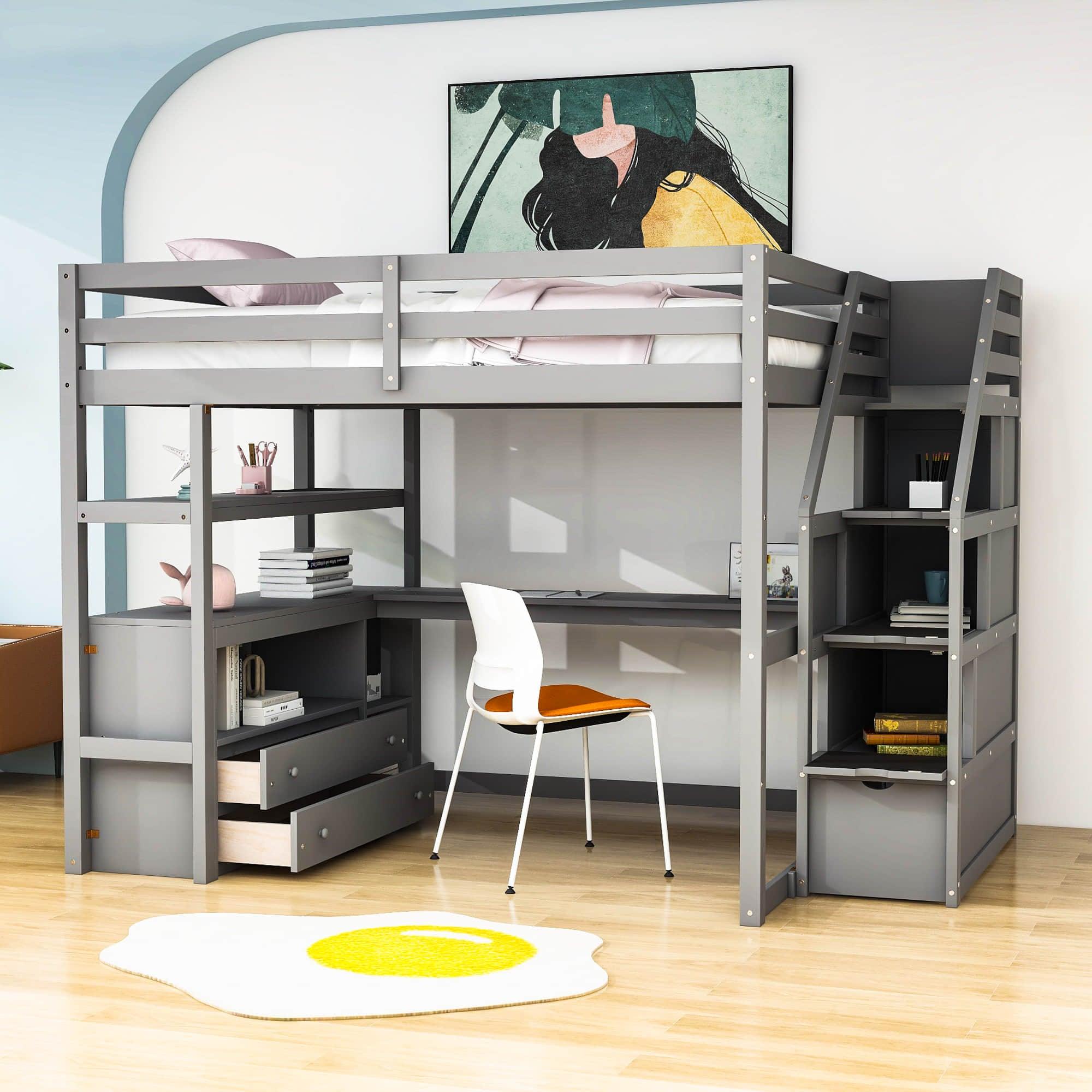 Full Loft Bed with Desk and Stairs, Storage for Kids, Adults - [Wooden]