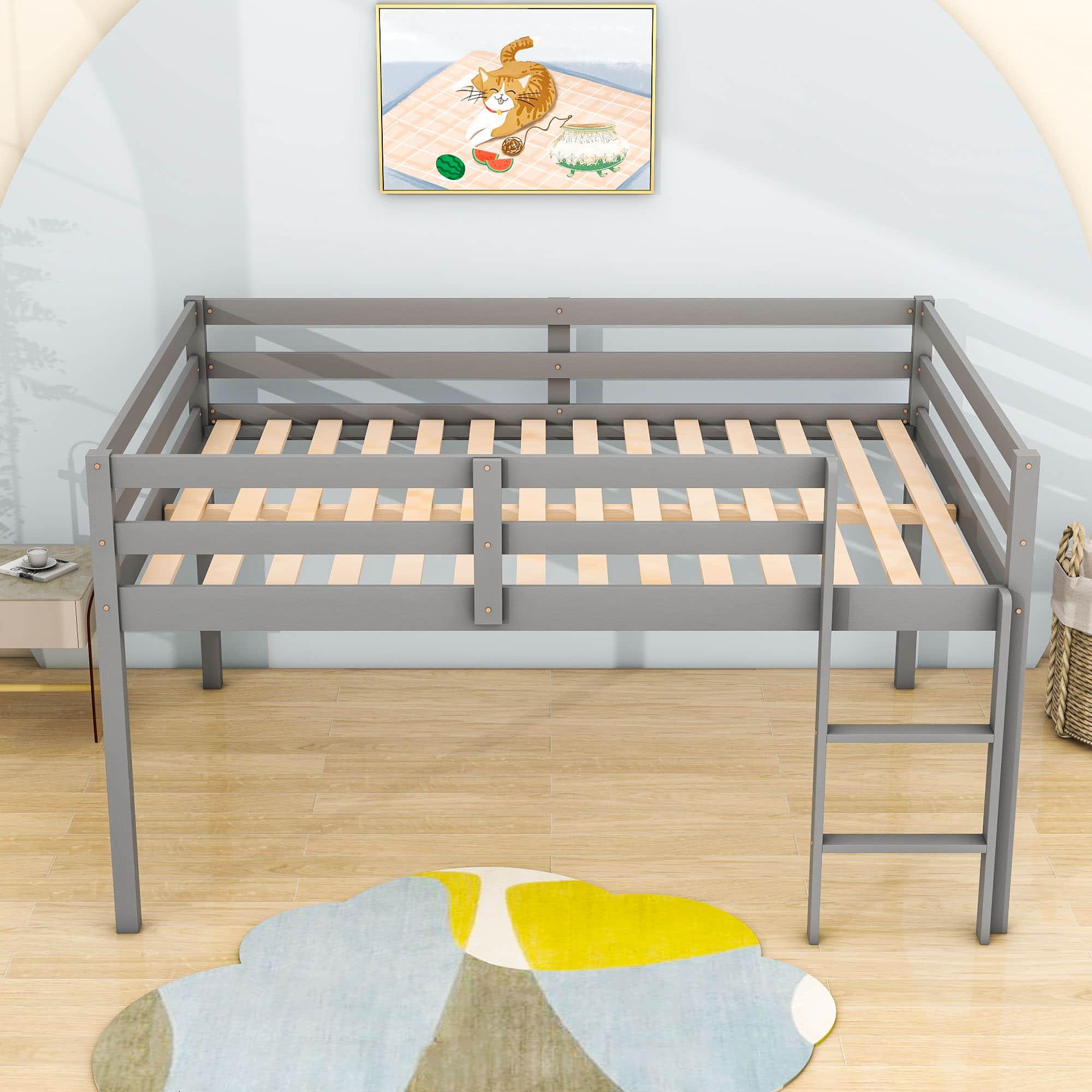 Kids Wooden Full Size Low Loft Bed - [Toddler, Boys, Girls]