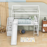 Kids Twin Playhouse Loft Bed with Storage Stairs and Slide - [Wood, Low]