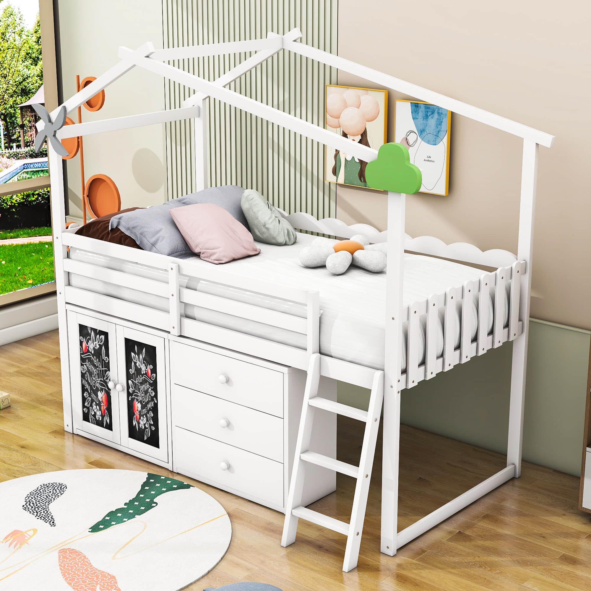 Twin Size Low House Loft Bed with Storage for Kids - [Cabinet, Drawers]