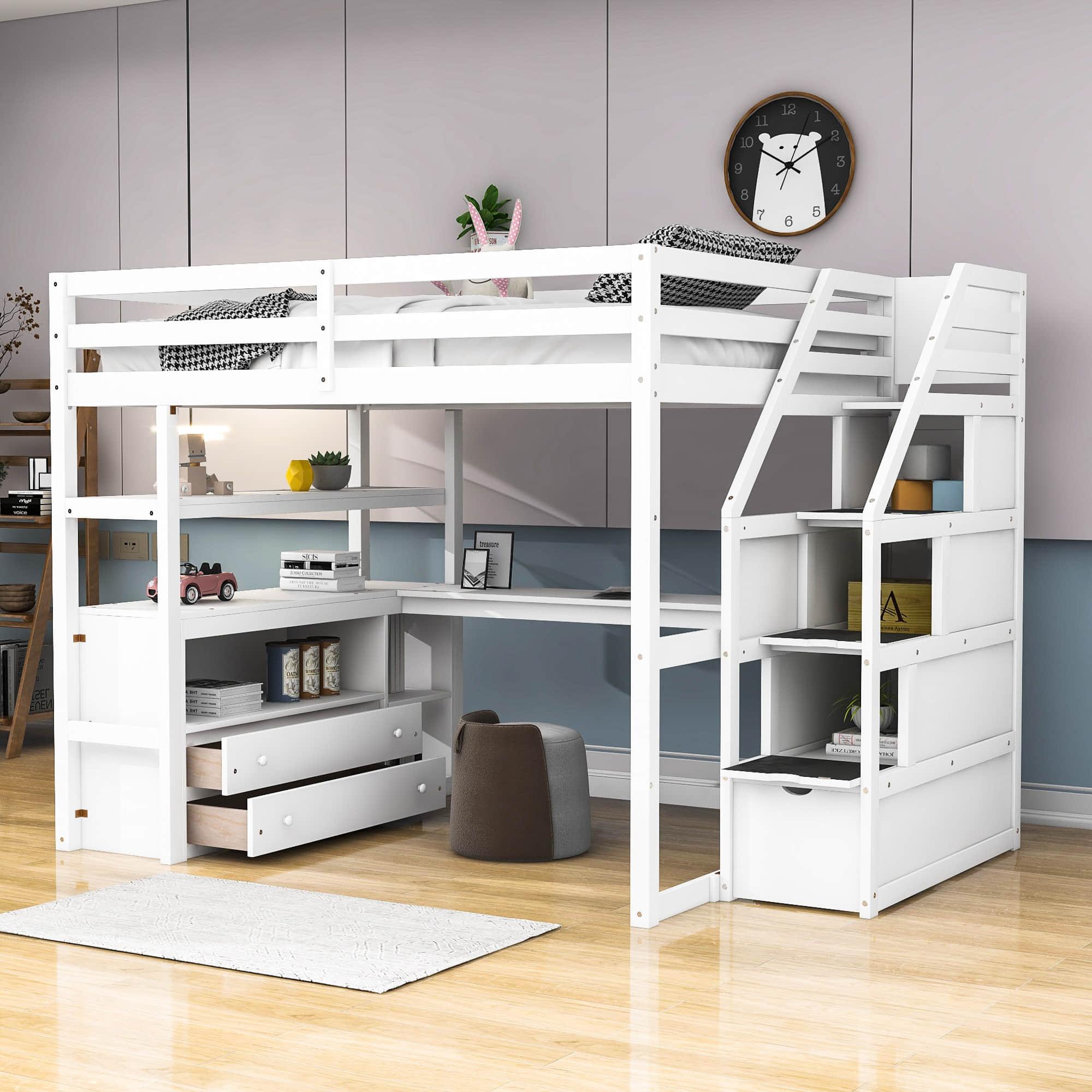 Full Loft Bed with Desk and Stairs, Storage for Kids, Adults - [Wooden]