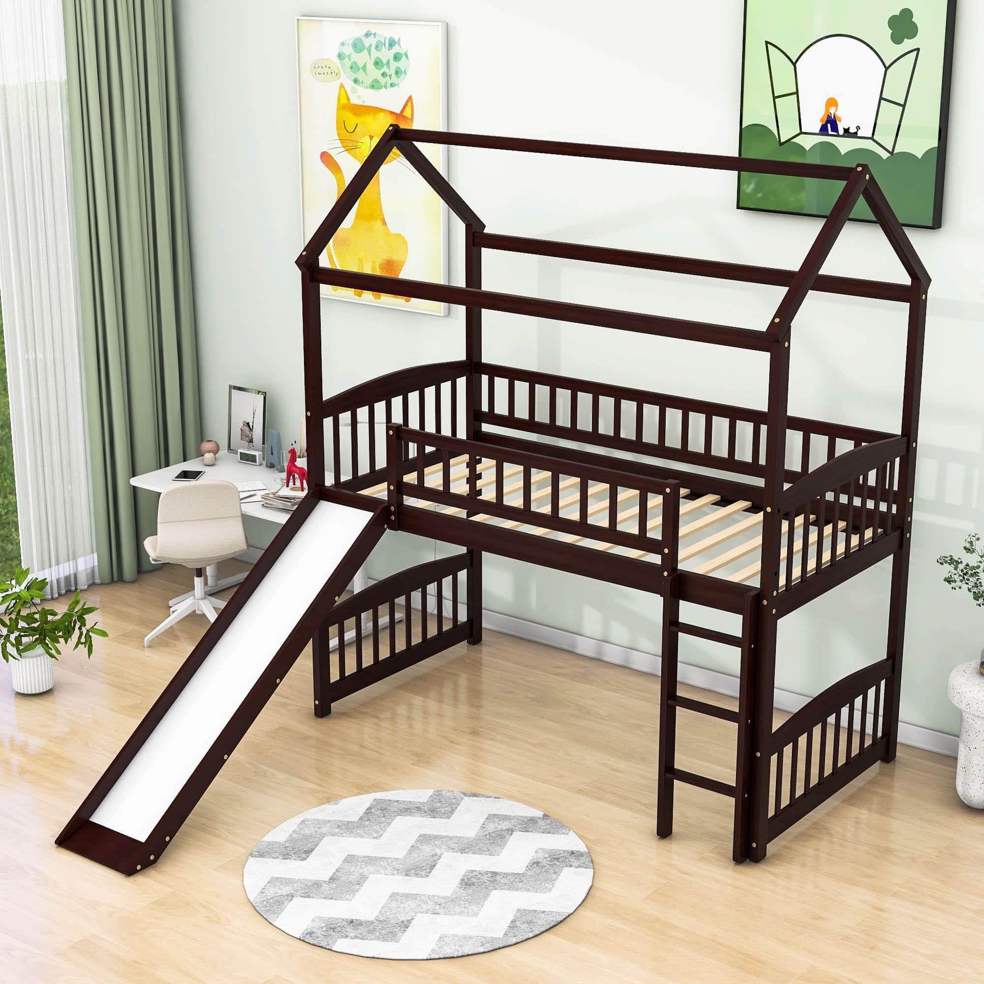 Twin Size Low House Loft Bed with Slide for Kids - [Wood]