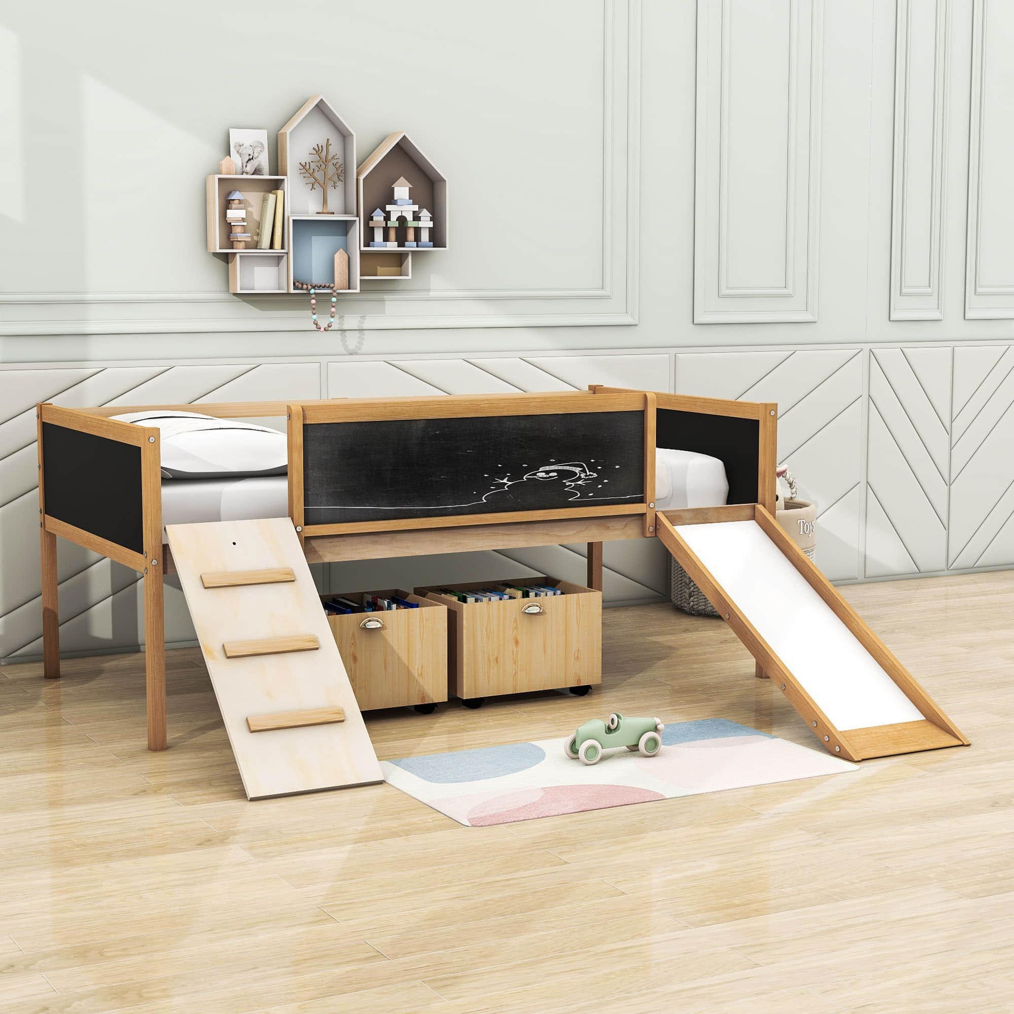 Low Kids Twin Loft Bed with Slide and Storage Boxes, Blackboard