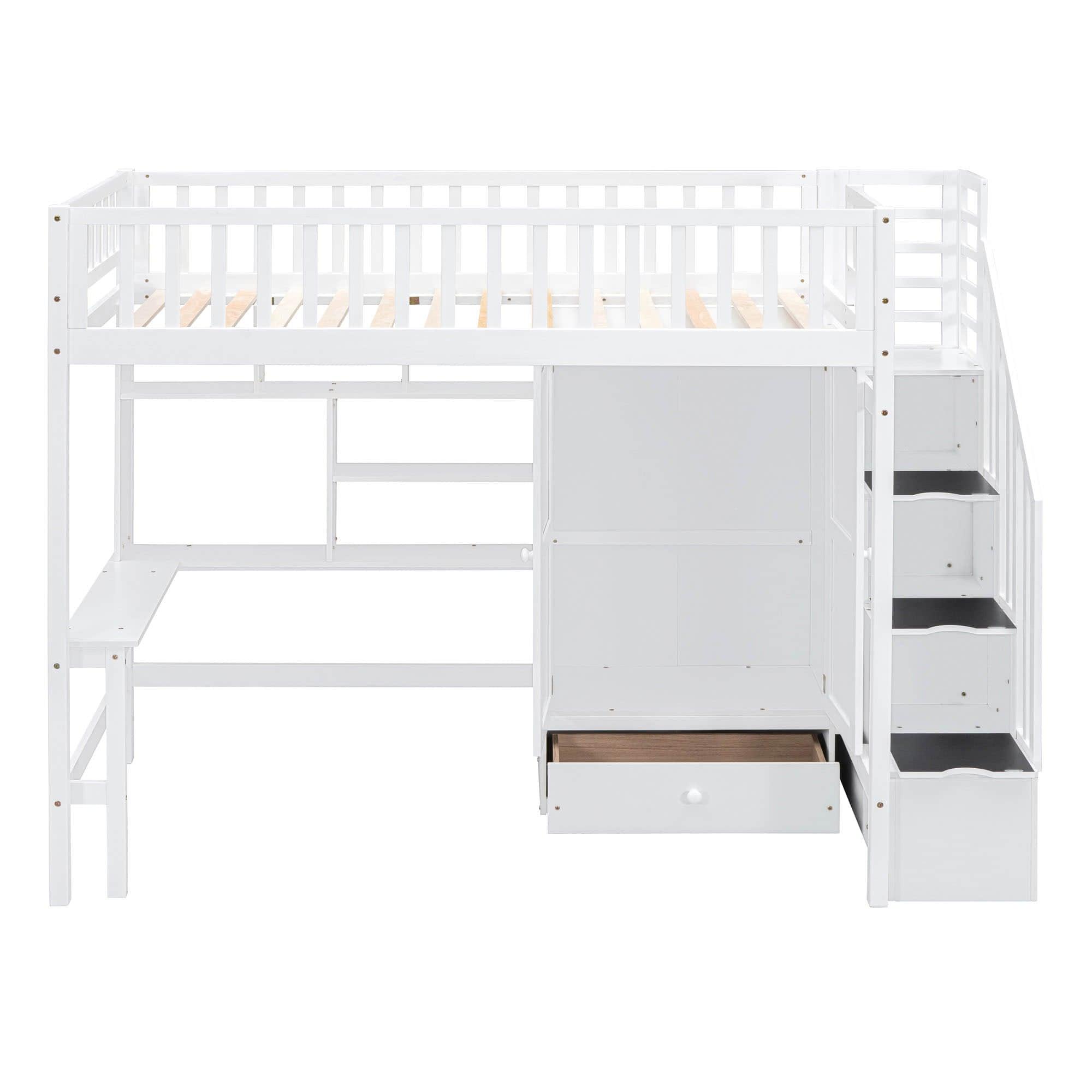 Twin Loft Bed with Desk and Storage Stairs - [Wood, Cabinet, Wardrobe, Shelves]