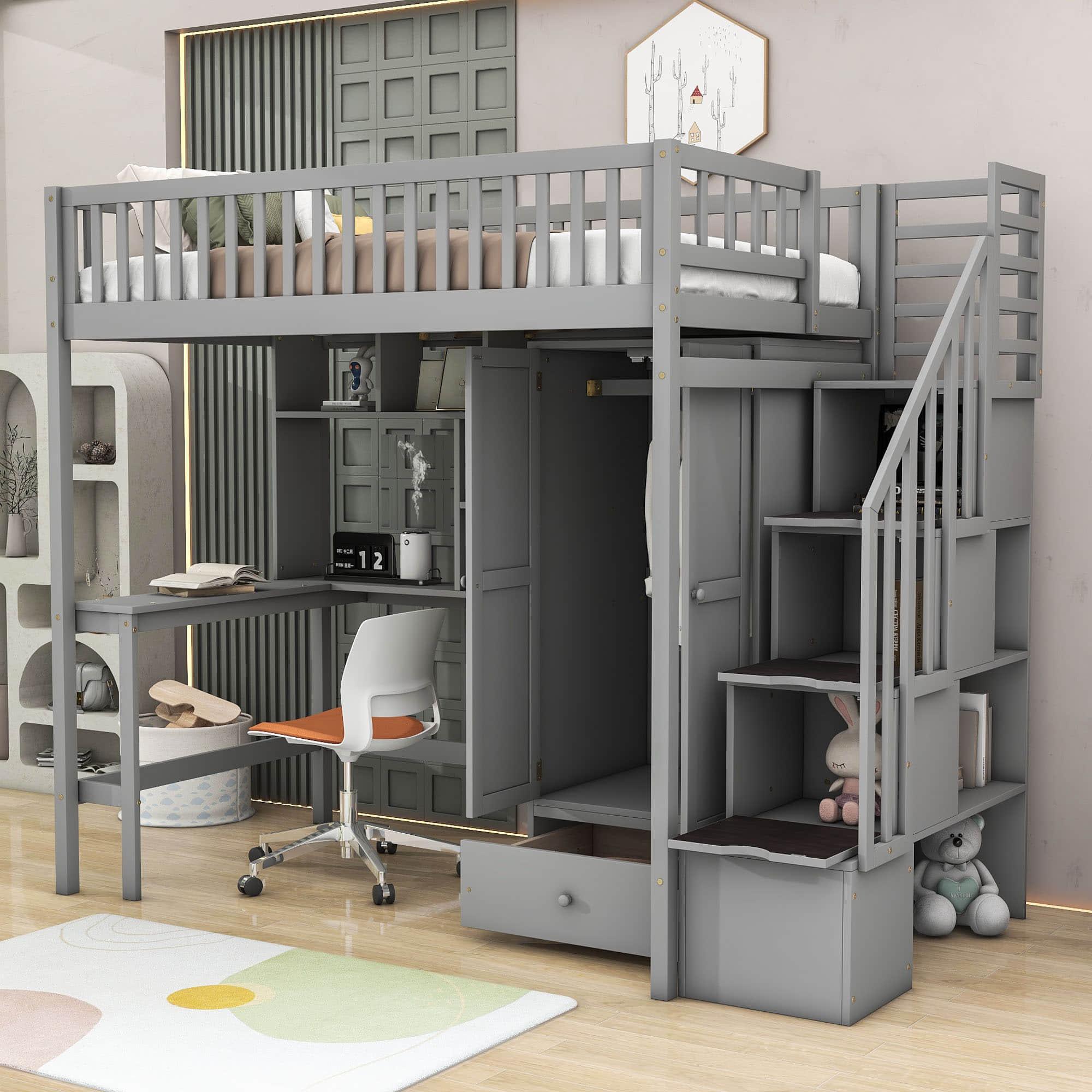 Twin Loft Bed with Desk and Storage Stairs - [Wood, Cabinet, Wardrobe, Shelves]