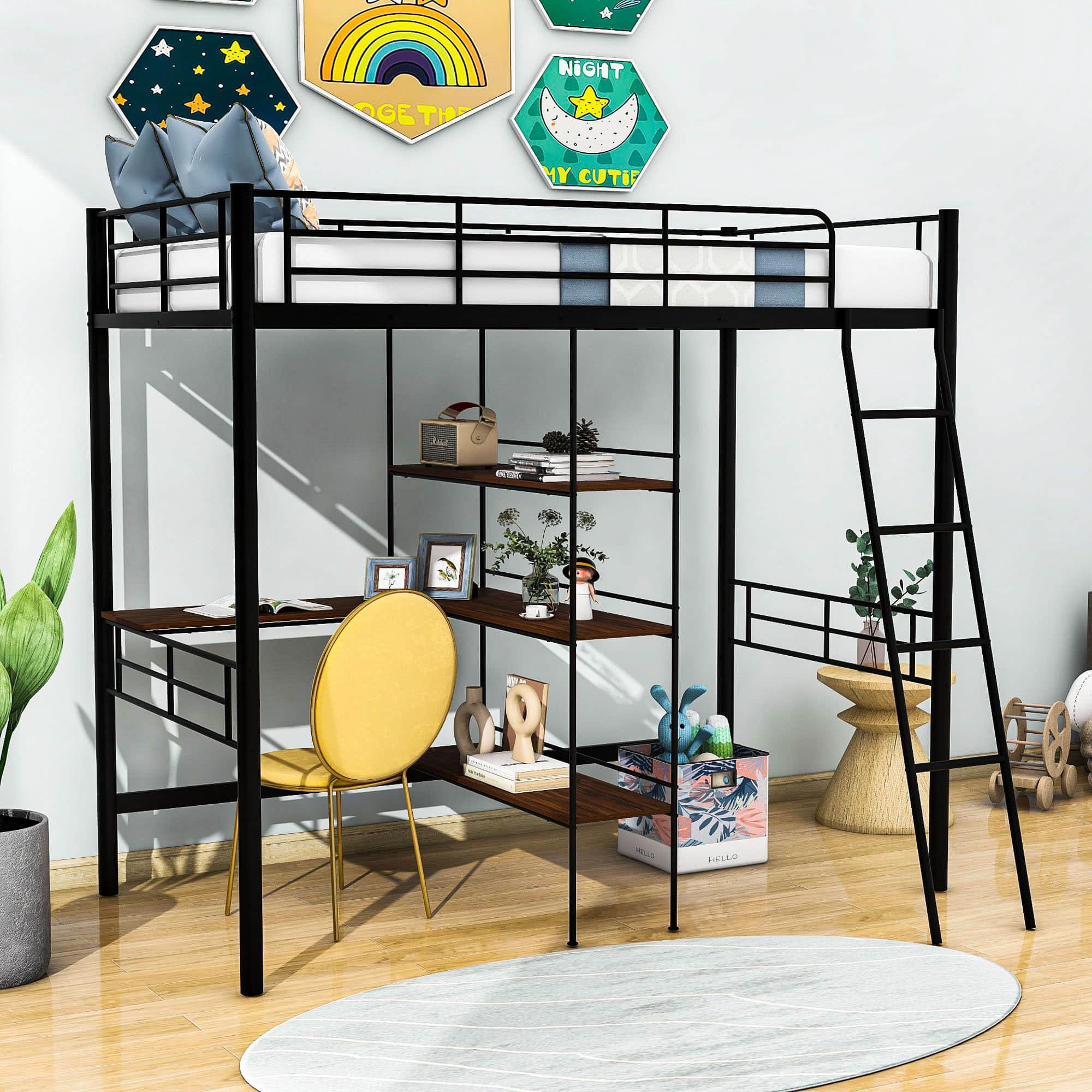 Metal Twin Loft Bed with Desk and Storage Shelves - [Wood]